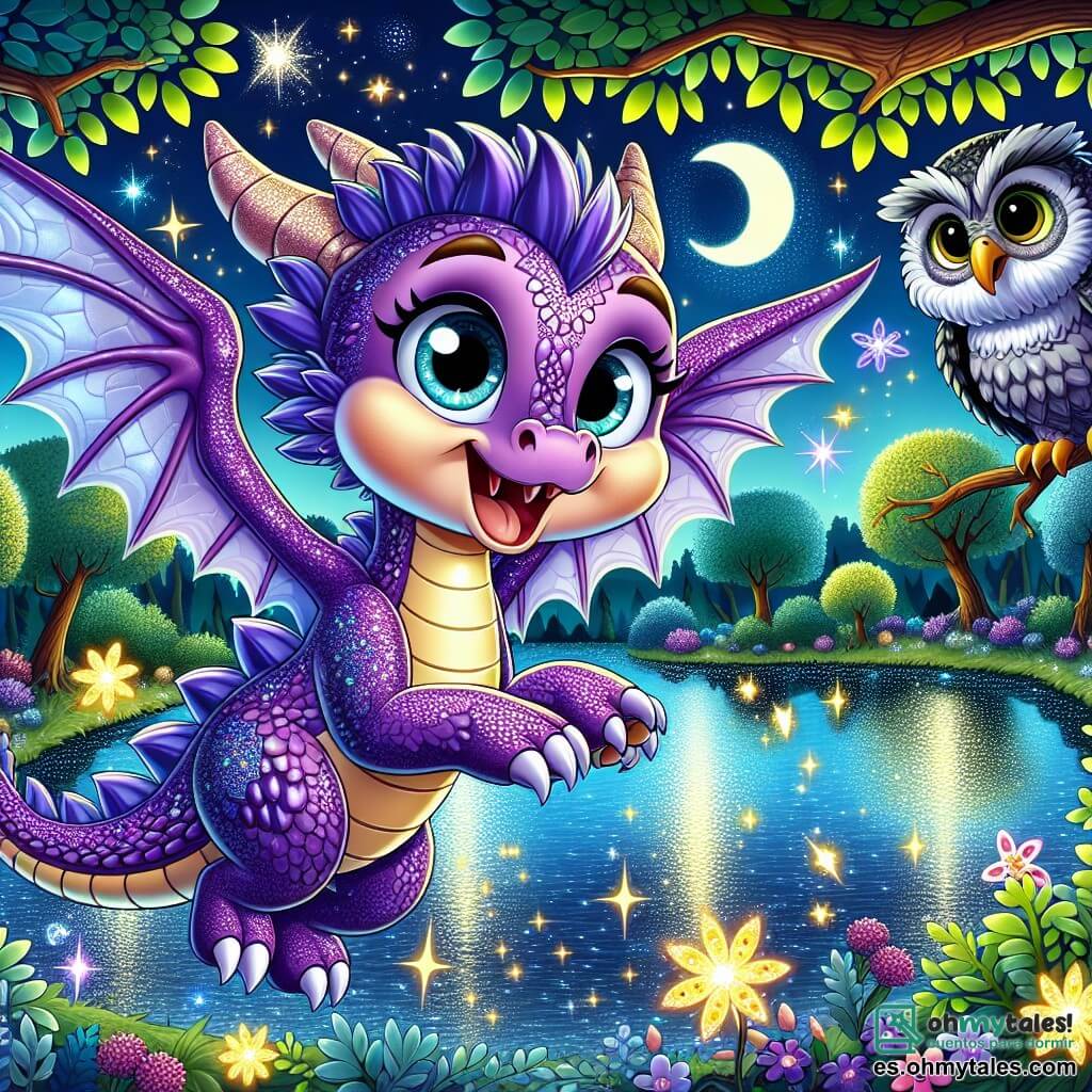 Ilustración que representa a un pequeño dragón con escamas brillantes de color violeta y ojos llenos de curiosidad. Está volando alegremente sobre un lago mágico, su rostro radiante de emoción y determinación. Cerca, un viejo búho sabio, con plumas grises y gafas redondas, observa la escena con preocupación desde una rama. El lugar principal es un hermoso lago de aguas plateadas, rodeado de grandes árboles con hojas luminosas que cantan suavemente con el viento. Estrellas brillantes se reflejan en el agua, creando una atmósfera mágica. La dragón busca una llave dorada, símbolo de la magia, escondida en el lago, decidida a salvar su mundo, mientras el búho la vigila, listo para darle consejos. Elementos gráficos adicionales incluyen flores coloridas que bailan alrededor del lago, luciérnagas iluminando el aire nocturno y suaves nubes de algodón flotando en el cielo estrellado, añadiendo un toque de magia a la escena.