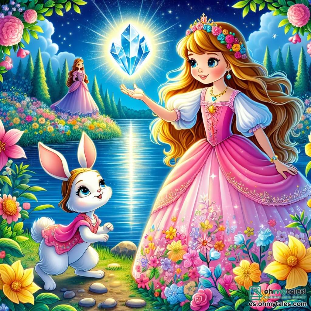 La princesa Sofía, una niña de unos 10 años, tiene largos cabellos dorados que brillan al sol y lleva un vestido rosa adornado con flores de colores. Muestra una gran sonrisa de determinación mientras extiende la mano hacia un cristal brillante, el corazón de la luna, que emite una suave luz plateada. A su lado está Pipo, un pequeño conejo de grandes orejas y pelaje blanco, que mira con ojos desmesurados, lleno de esperanza y admiración. Se sitúa justo debajo de la princesa, listo para animarla en su búsqueda. La escena transcurre al borde de un lago mágico, rodeado de flores brillantes y grandes árboles con hojas centelleantes. El agua del lago es de un azul profundo, reflejando el cielo soleado y las nubes esponjosas. La situación principal muestra a Sofía y Pipo, unidos en su aventura, mientras se preparan para enfrentar la oscura silueta que guarda el corazón de la luna, simbolizando su valentía y amistad ante la adversidad.