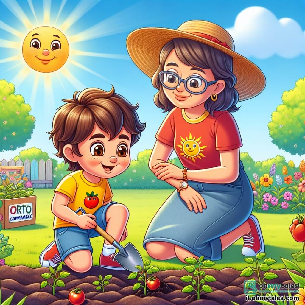 Un ragazzo di 5 anni, Lorenzo, con grandi occhi curiosi e capelli ricci e castani, è accovacciato in un giardino soleggiato, sorridendo entusiasta mentre pianta semi di pomodoro nella terra. Indossa una maglietta gialla con un sole disegnato sopra e pantaloni corti di jeans. Accanto a lui, la sua insegnante Maria, una donna di circa 30 anni con un grande cappello di paglia e occhiali da sole, lo osserva con un sorriso benevolo mentre tiene una piccola pala. Il giardino si trova in un parco comunitario, circondato da fiori colorati, alberi verdi e un grande striscione che annuncia "Orto Comunitario". La scena principale mostra Lorenzo e Maria che lavorano insieme nell'erba, circondati da altri bambini che ridono e giocano, tutti uniti nell'emozione di creare il proprio giardino.