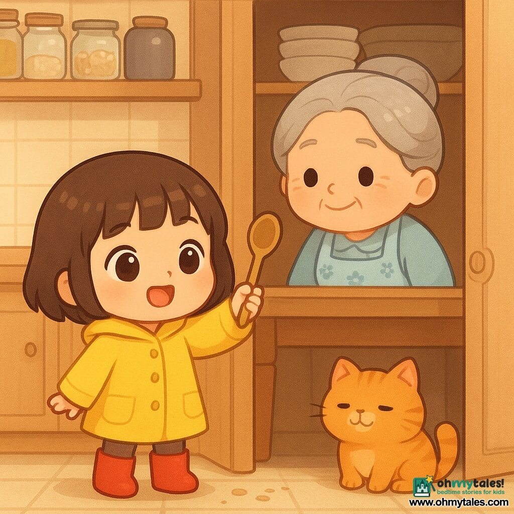 A 4-year-old girl with short brown hair and bangs, wearing a bright yellow raincoat and red boots, has a curious, triumphant look as she holds a small wooden spoon aloft in her right hand; a grandmother of about 70 with gray hair in a soft bun and a light-blue floral apron smiles tenderly from the pantry doorway; a chubby orange cat named Mr. Whiskers sits under the table with half-closed eyes and a dab of soup on his whiskers watching; the warm, bright kitchen has light wood countertops, beige tiles, shelves of glass jars and an open pantry with stacked bowls and a large white mixing bowl—the girl has just discovered the wooden spoon in that bowl, soft rays of light and cookie crumbs on the floor lead to the pantry, creating a cozy, joyful scene.