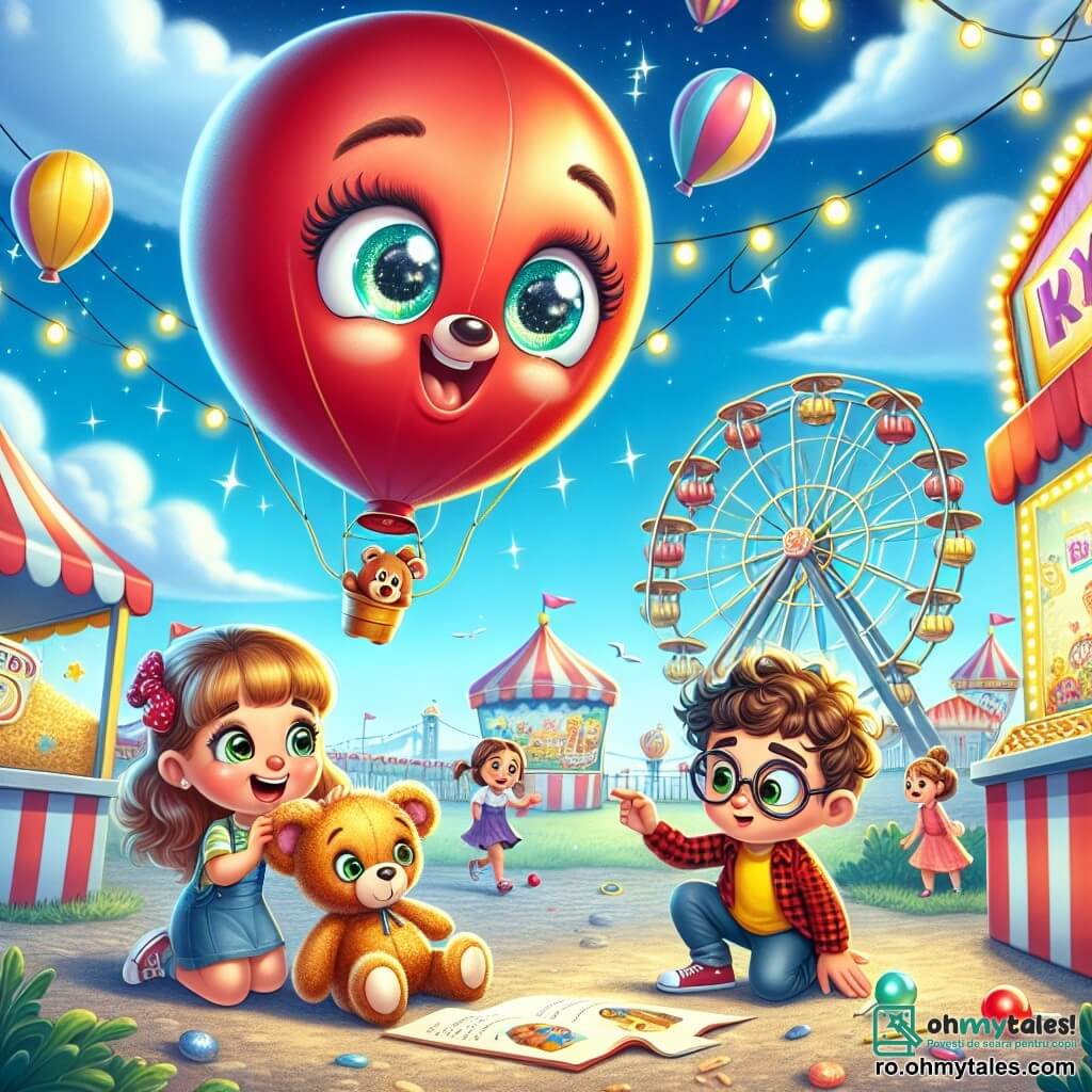 Tavi, un mic balon roșu cu ochi strălucitori și un zâmbet mare, plutește fericit în aer, cu brațele deschise, plin de entuziasm în căutarea unui urs de pluș pierdut. Lângă el, Iulia, o fetiță cu părul creț și ochi verzi strălucitori, este în genunchi, examinând cu atenție solul cu o expresie concentrată pe față. Radu, un băiat cu ochelari rotunzi și cămașă în carouri, stă în picioare, cu mâinile pe șolduri, având o expresie hotărâtă în timp ce scanează împrejurimile pentru a găsi indicii. Decorul este un carnaval colorat, plin de standuri de jocuri, baloane plutitoare și lumini sclipitoare, cu o roată mare în fundal care se învârte lent sub un cer albastru strălucitor. Scena se desfășoară lângă un stand de jocuri unde copiii râd și se distrează, în timp ce Tavi, Iulia și Radu se angajează într-o aventură palpitantă pentru a găsi ursul de pluș pierdut, înconjurați de o atmosferă de bucurie și aventură.