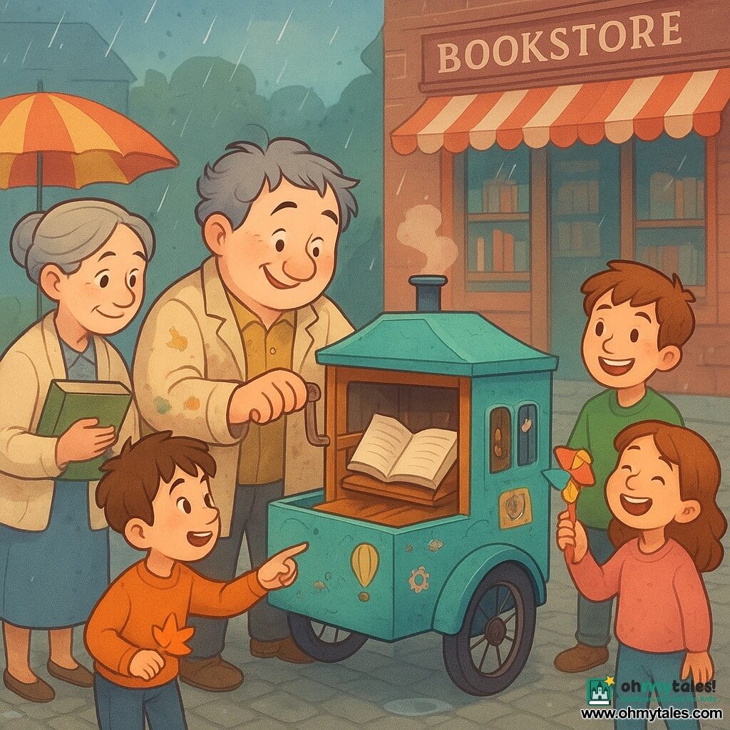 A smiling, focused small round inventor with messy gray hair and a paint-and-tea-stained canvas jacket gently turns a small wooden crank as he adjusts a fabric-lined wooden gondola; Mrs. Coble, an elderly librarian with gray hair in a bun and a cream cardigan, holds a damp book to her chest gratefully at the left of the three-wheeled turquoise, crackled delivery truck covered in stickers with an open workshop window, hanging tools and jars labeled "ideas" on a wooden shelf; Milo, an unruly brown-haired boy of about eight, points at a small crack while holding an orange leaf toy, standing slightly in front of the truck; two other children (around 6–9) laugh at the right, holding a colorful toy blower ready to help. They stand on an old gray stone-paved village square with reflective puddles, colorful parasols and a red-brick bookshop in the background as a fine sparkling rain falls. The main scene shows the book-drying machine running gently—pages splaying, warm air drifting from a small hood—and the group watches with excited, kind anticipation.