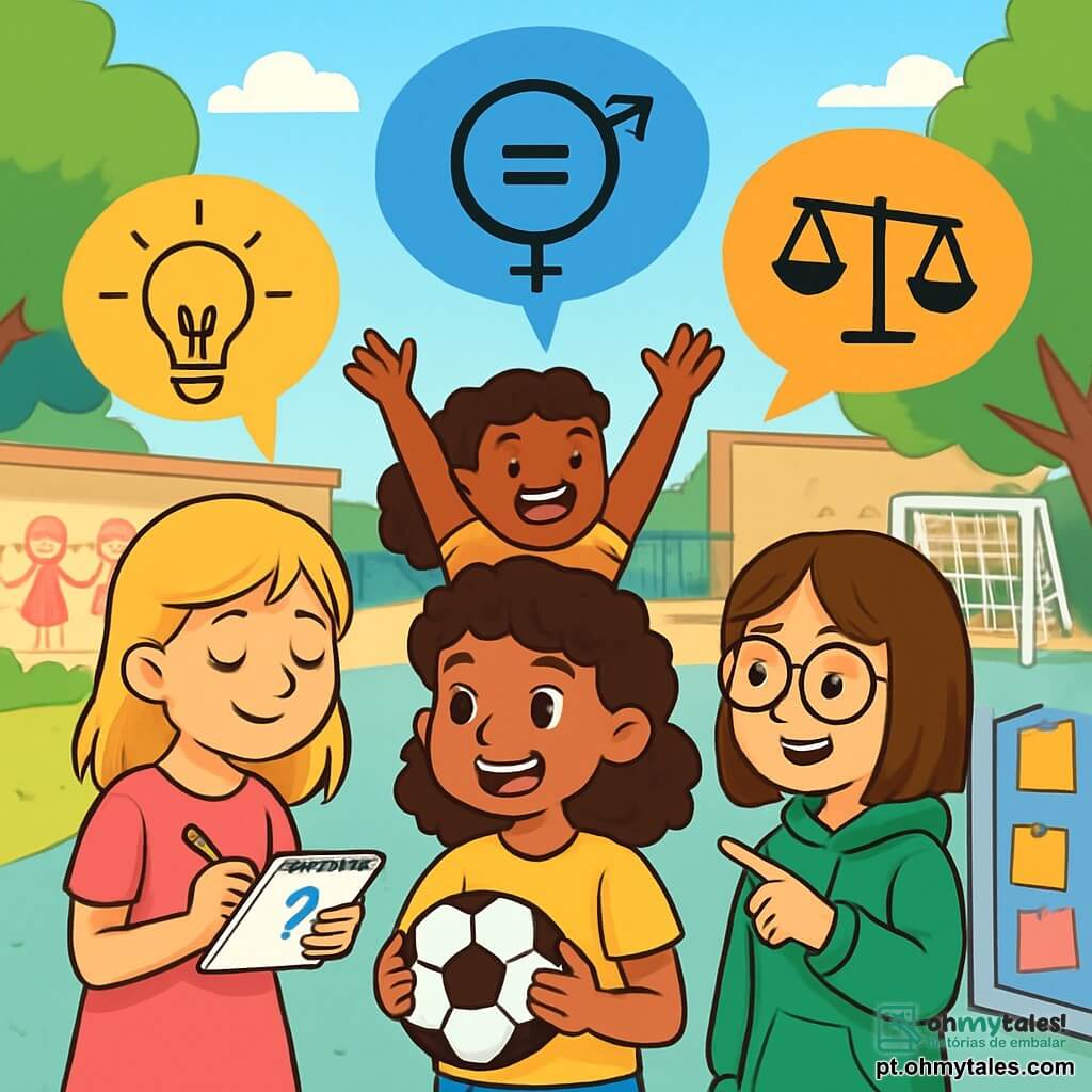Há 4 crianças: - Lara: uma menina de 10 anos, com cabelos castanhos e cacheados, vestindo uma camiseta amarela e um short azul. Ela está em pé no centro, sorrindo, segurando uma bola de futebol. - Sofia: uma menina de 10 anos, com cabelos loiros e lisos, vestida com um vestido rosa. Ela está à esquerda de Lara, desenhando ideias em um caderno. - Júlia: uma menina de 10 anos, com cabelos castanhos e óculos, vestida com um moletom verde. Ela está à direita de Lara, apontando para um quadro com anotações. - Bianca: uma menina de 10 anos, com cabelos negros e trançados, vestindo uma camiseta listrada. Ela está um pouco ao fundo, levantando os braços com entusiasmo. O lugar onde ocorre a situação principal é um pátio de escola ensolarado, cercado por grandes árvores verdes. Ao fundo, vê-se uma parede colorida com desenhos de crianças e um campo esportivo com gols de futebol. A situação principal da história mostra as quatro amigas discutindo com paixão suas ideias para promover a igualdade de gênero, com balões de diálogo coloridos que ilustram seus pensamentos.