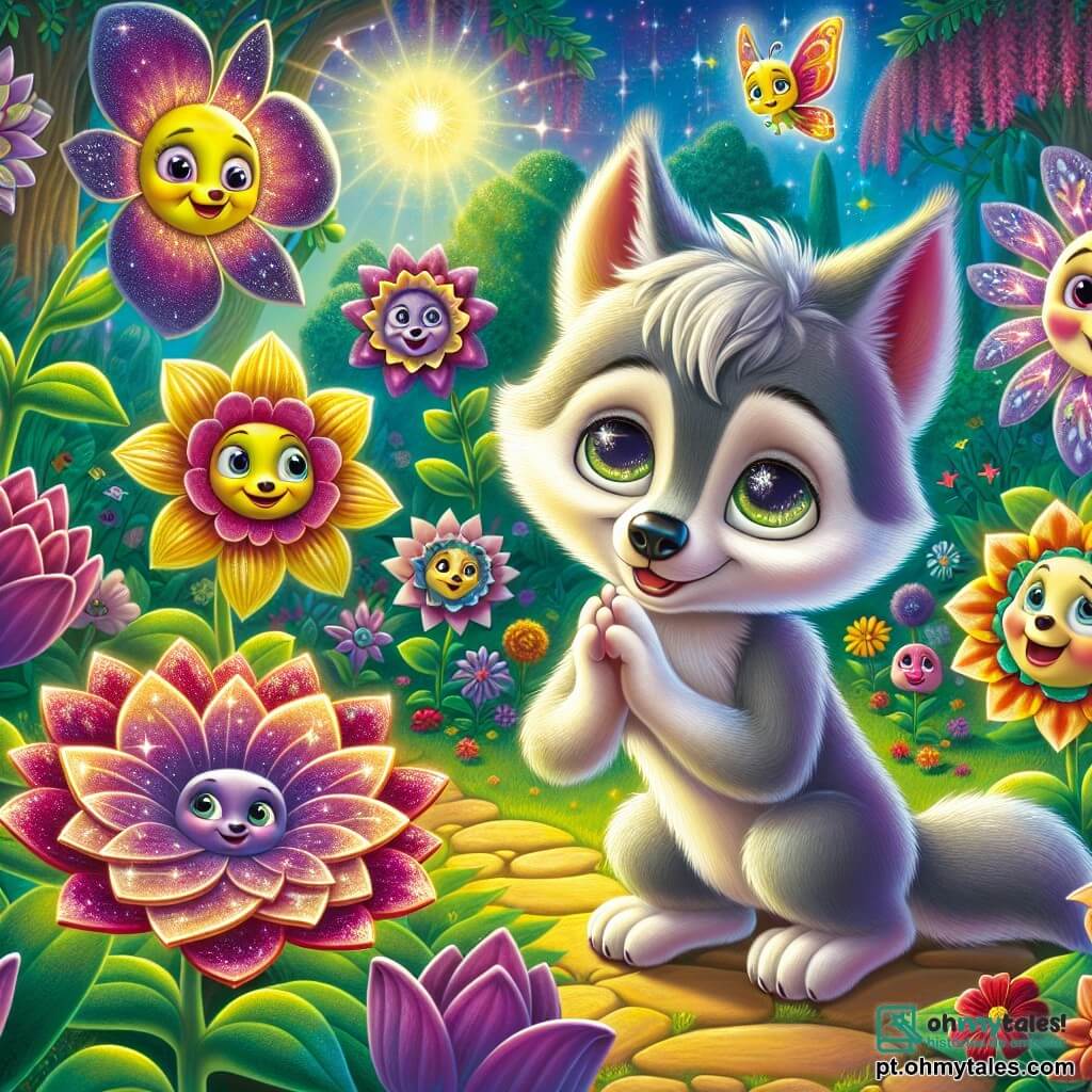 Um pequeno lobo chamado Lupi, com um pelo cinza macio e olhos brilhantes como estrelas, está no centro de um jardim mágico, seu rosto iluminado pela curiosidade. Ele observa ao seu redor, com as orelhas em pé, pronto para descobrir os segredos das flores falantes. À sua esquerda, uma flor roseta com pétalas roxas cintilantes parece fazer uma pergunta, enquanto à direita, uma flor amarela, com um sorriso acolhedor, o incentiva a explorar. O jardim é um lugar encantador, cheio de cores vivas e luzes cintilantes, onde flores de formas estranhas e rostos sorridentes balançam suavemente. Borboletas coloridas voam ao redor, acrescentando um toque de magia à atmosfera. A cena principal mostra Lupi, maravilhado, cercado por flores que fazem perguntas, enquanto ele reflete, pronto para ouvir seu coração e descobrir as respostas que busca.