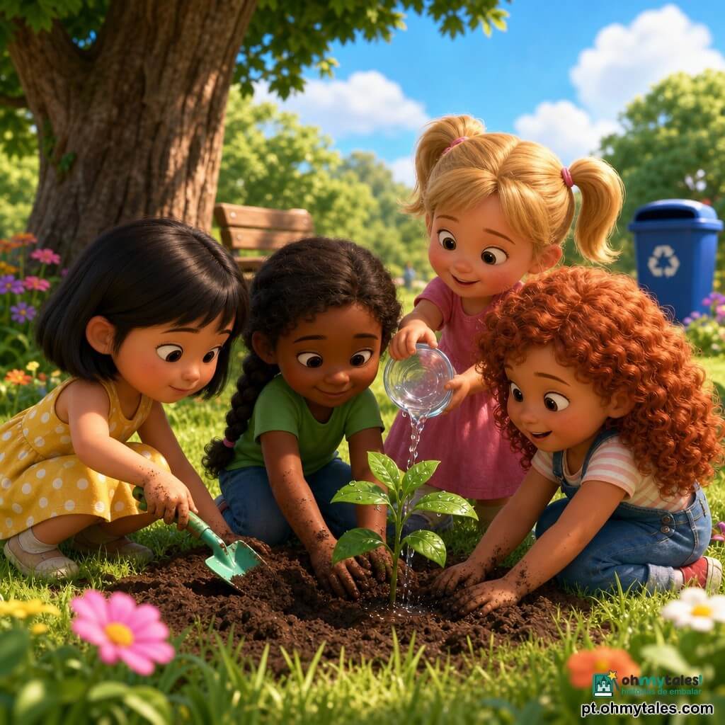 Quatro meninas de 4 anos plantam uma muda num parque ensolarado: Lú, cabelos curtos e negros, vestido amarelo com bolinhas, cava com uma pá; Ana, cabelo castanho em trança, camiseta verde, coloca a planta no buraco; Bia, cabelos ruivos e encaracolados, jardineira azul, mexe a terra com as mãos; Sol, cabelos loiros em maria‑chiquinha, vestido rosa, rega com um copo; mãos com terra, gotas na planta, árvores, banco de madeira, lixeira azul com símbolo de reciclagem, flores dispersas e luz solar quente com sombras suaves.