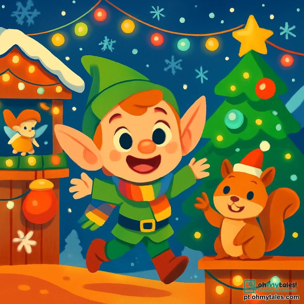 Um pequeno duende chamado Pompom, com grandes orelhas pontudas e um sorriso radiante, usa um cachecol em arco-íris e salta de alegria no meio de um mercado de Natal animado. Ele tem olhos brilhantes de curiosidade e bochechas rosadas, cercado por luzes cintilantes e decorações coloridas. Ao seu lado, um esquilo chamado Faísca, com um pequeno chapéu de Natal vermelho, sorri acenando uma pata, mostrando seu entusiasmo. Ele está empoleirado em uma prateleira de madeira, cercado por guirlandas luminosas. O mercado de Natal está cheio de barracas de madeira decoradas com flocos de neve, árvores de Natal adornadas com bolas brilhantes e flocos de neve caindo suavemente do céu. Criaturas alegres, como fadas e ursos com cachecóis, se movem ao redor deles, adicionando à atmosfera festiva. Pompom e Faísca estão no centro da cena, maravilhados com a magia do mercado, enquanto luzes coloridas dançam ao seu redor, criando uma atmosfera acolhedora e alegre.