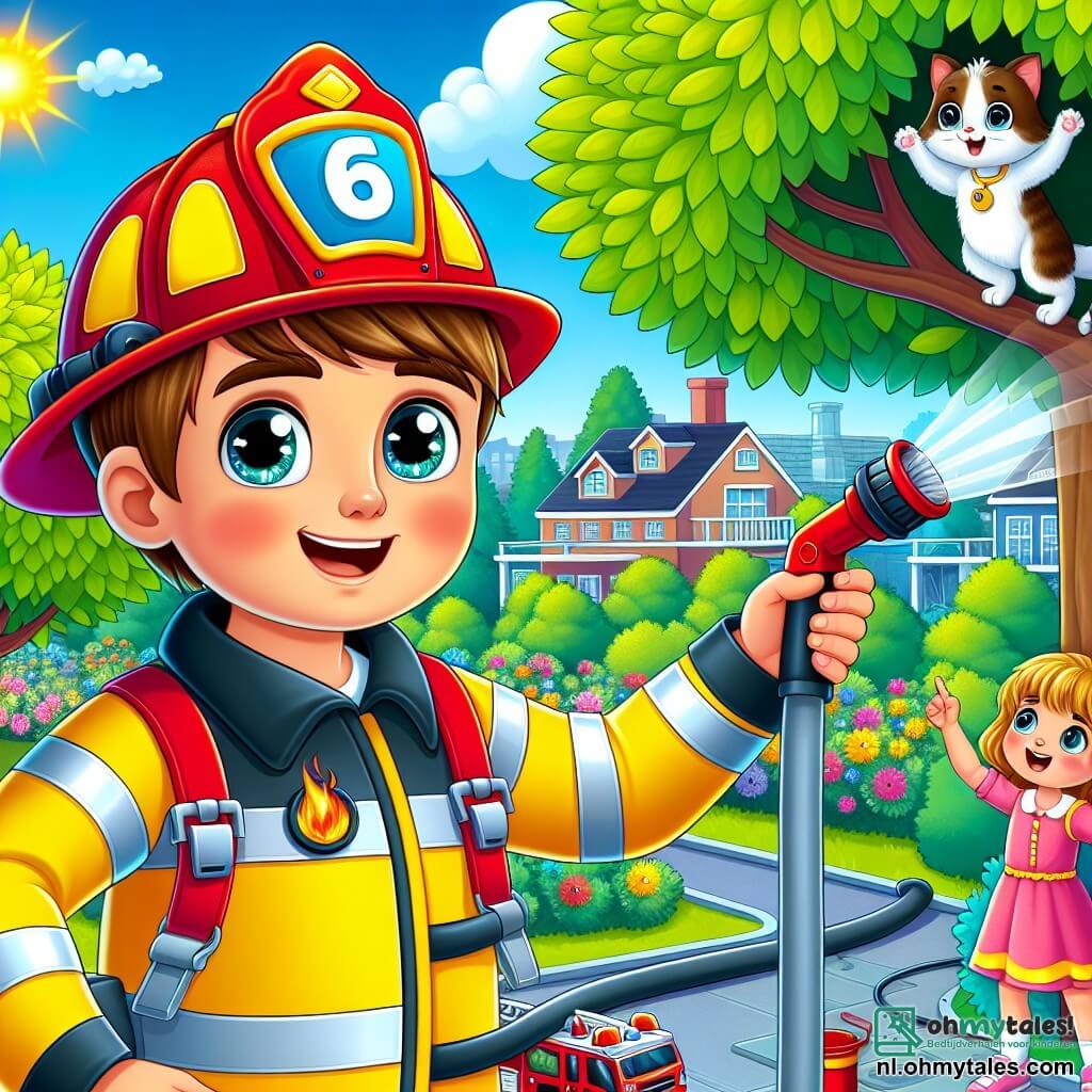 Een brandweerman, Sam, met een grote en glanzende rode helm en een felgele uniform, glimlacht vrolijk terwijl hij een tuinslang vasthoudt. Hij heeft bruin haar en sprankelende ogen van blijdschap, en staat op een ladder, klaar om te helpen. Onder hem kijkt een jongetje van ongeveer 6 jaar met blond haar en blauwe ogen vol bewondering, terwijl hij een klein brandweervoertuig speelt. Naast hem wijst een 5-jarig meisje met kastanjebruin haar en een roze jurk naar een kat die in een boom vastzit, met grote ogen van opwinding. De scène speelt zich af in een zonnig park met weelderige groene bomen en een heldere blauwe lucht. In de verte staat een groot huis met een schoorsteen en kleurrijke bloemen sieren het pad. Sam de brandweerman bereidt zijn slang voor om het vuur in een klein struikje te blussen, terwijl de kinderen hem aanmoedigen en vol verwondering toekijken, benieuwd hoe hij de kat uit de boom zal redden.
