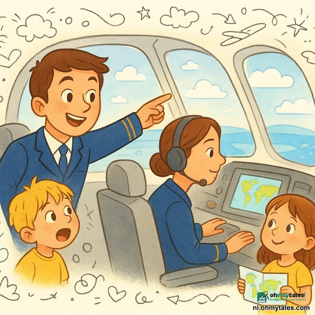 Piloot Sam, glimlachend met korte bruine haren en blauwe pilotenjas, wijst vanuit de cockpit naar buiten; copilote Lisa, circa 28, haar opgestoken met headset, zit rechts en bekijkt een navigatiescherm; jongen van ongeveer 6 drukt zijn neus tegen het raam, blonde warrige haren en open mond van verwondering, zit net achter de cockpit links; Noor, zijn zusje van circa 5 in een gele jurk, houdt een opgevouwen wereldkaart vast en lacht naar Sam; heldere, nette cabine met ronde ramen, felblauwe lucht, witte pluizige wolken en een glinsterend meer beneden; Sam toont het landschap aan de kinderen tijdens de vlucht, warme nieuwsgierige sfeer, levendige kleuren, gouden licht en kleine doodles van wolken, vliegtuigen en sterren rond de personages.