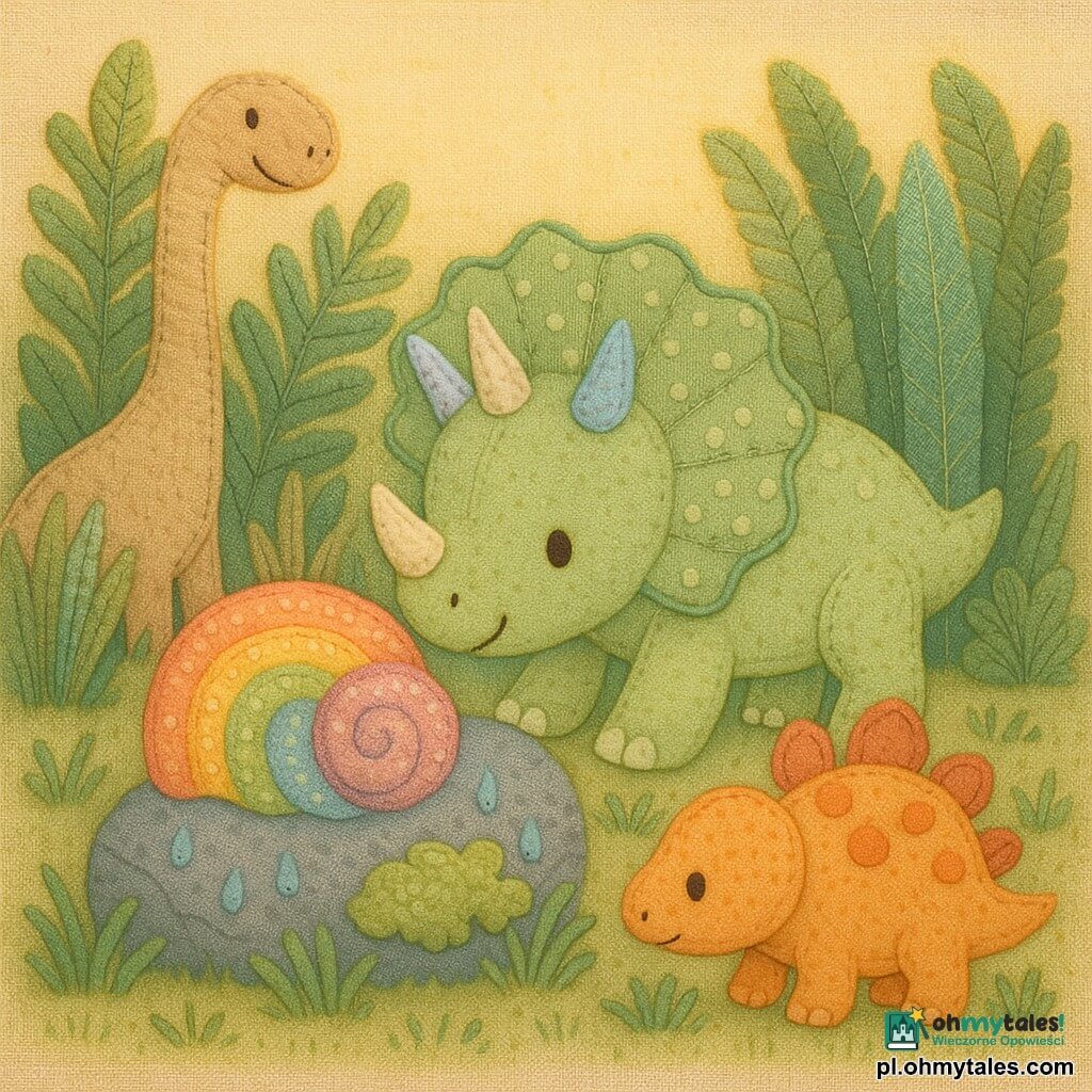 Mały triceratops Tori, ciekawy i zachwycony, pochylony nad kamieniem z długimi uszami i szeroko otwartymi oczami, zielony w delikatnym odcieniu z trzema rogami w kolorach mlecznobiałym, blado‑niebieskim i różowym, z szeroką, w kropki zszywaną kołnierzem; dotyka delikatnie lekko błyszczącej, wibrującej tęczowej muszli leżącej na porośniętym mchem kamieniu; za paprociami po lewej stoi przyjazny, beżowy brachiozaur z długą szyją, a po prawej kilka kroków dalej obwąchuje powietrze okrągły, pomarańczowy stegozaur w patchworku; poranek w polanie między wysokimi paprociami, wilgotna trawa, krople deszczu i miękkie złote światło — magiczne, spokojne odkrycie w pastelowych kolorach i widocznych fakturach szytego materiału.