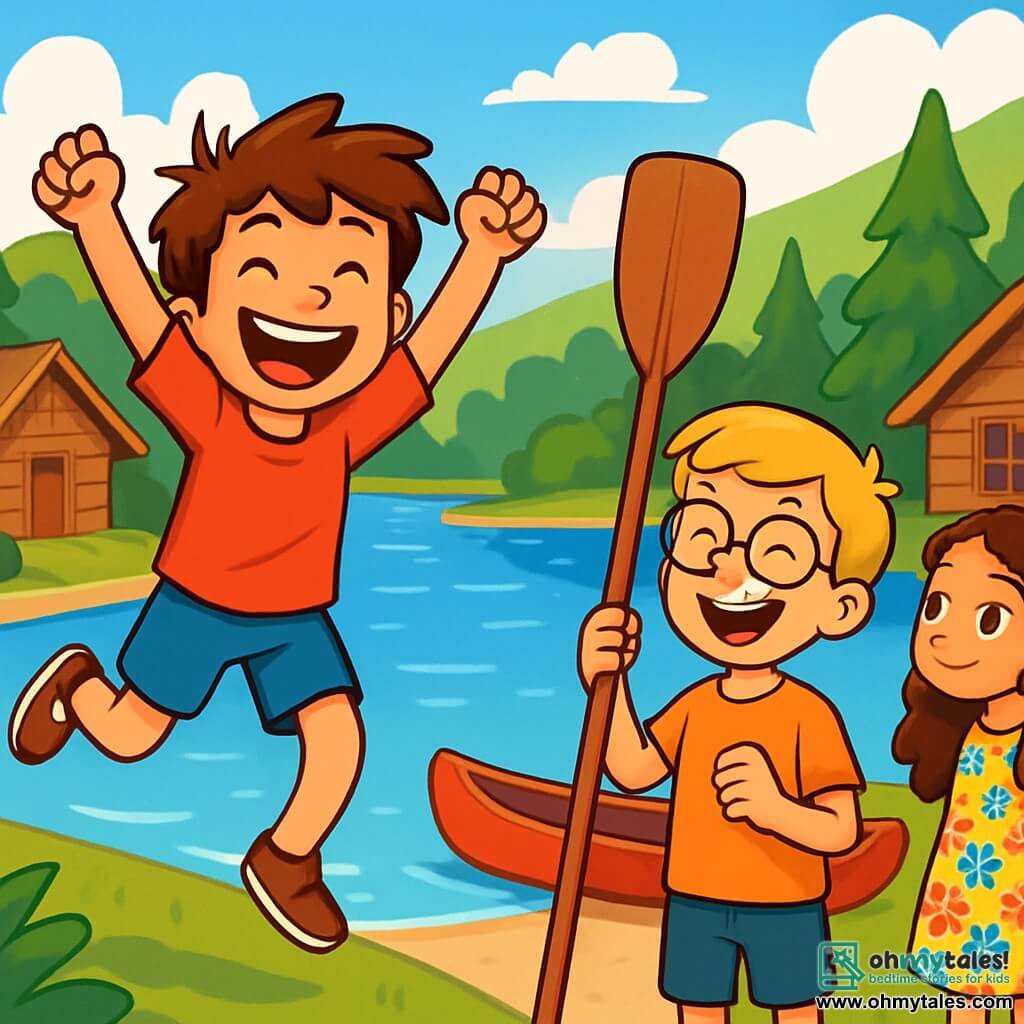 A 10-year-old boy, Toby, with messy brown hair and sparkling joyful eyes, is jumping for joy by a shimmering lake, a big smile on his face. He wears a bright red t-shirt and blue shorts, arms raised to the sky, expressing immense excitement. Next to him is a boy named Ben, also 10, with blonde hair and glasses, laughing while holding a paddle, ready to canoe. A little further away, a 9-year-old girl named Lily, with long curly hair, wearing a floral dress, watches the lake with wonder, her eyes shining with curiosity. The scene takes place at a vibrant summer camp, surrounded by majestic green trees and rolling hills, with rustic wooden cabins and colorful banners fluttering in the wind. The main focus shows Toby and his friends ready to embark on a canoe adventure, filled with enthusiasm and camaraderie, under a bright blue sky dotted with fluffy white clouds.