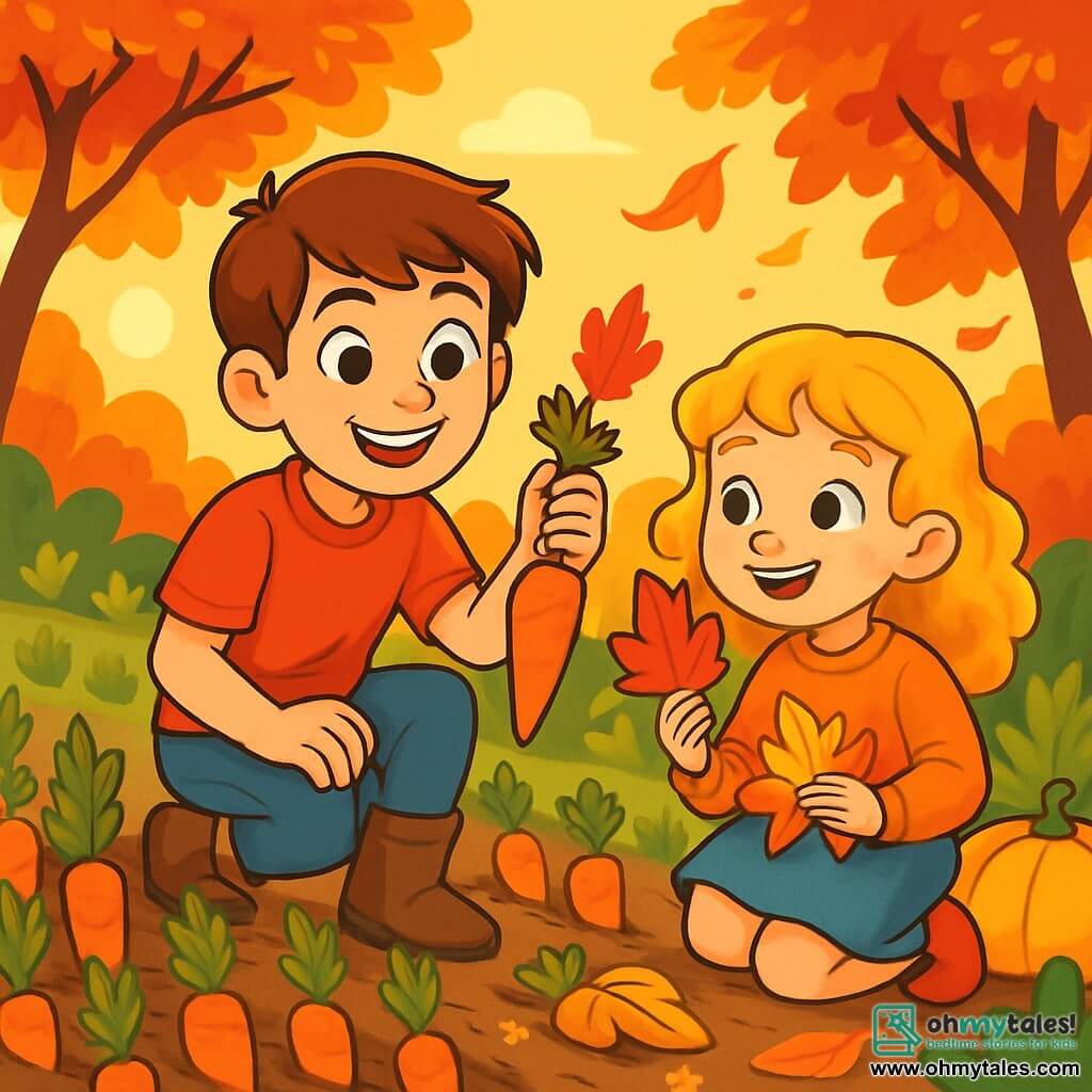 A 12-year-old boy, Toby, with brown hair and sparkling curious eyes, is crouched in a sunny garden, holding a freshly harvested carrot, a broad smile on his face. Next to him, his 8-year-old sister Emma, with golden curls and rosy cheeks, is picking colorful leaves, her gaze fixed in wonder on the bright autumn hues. The garden is filled with vibrant vegetables, featuring rows of orange carrots, yellow squashes, and tree leaves in shades of red and gold, basking in the golden light of October sun. The main scene shows Toby and Emma enjoying their harvest in the garden, surrounded by the beauty of autumn colors, sharing a moment of joy and exploration, ready to create memories together.