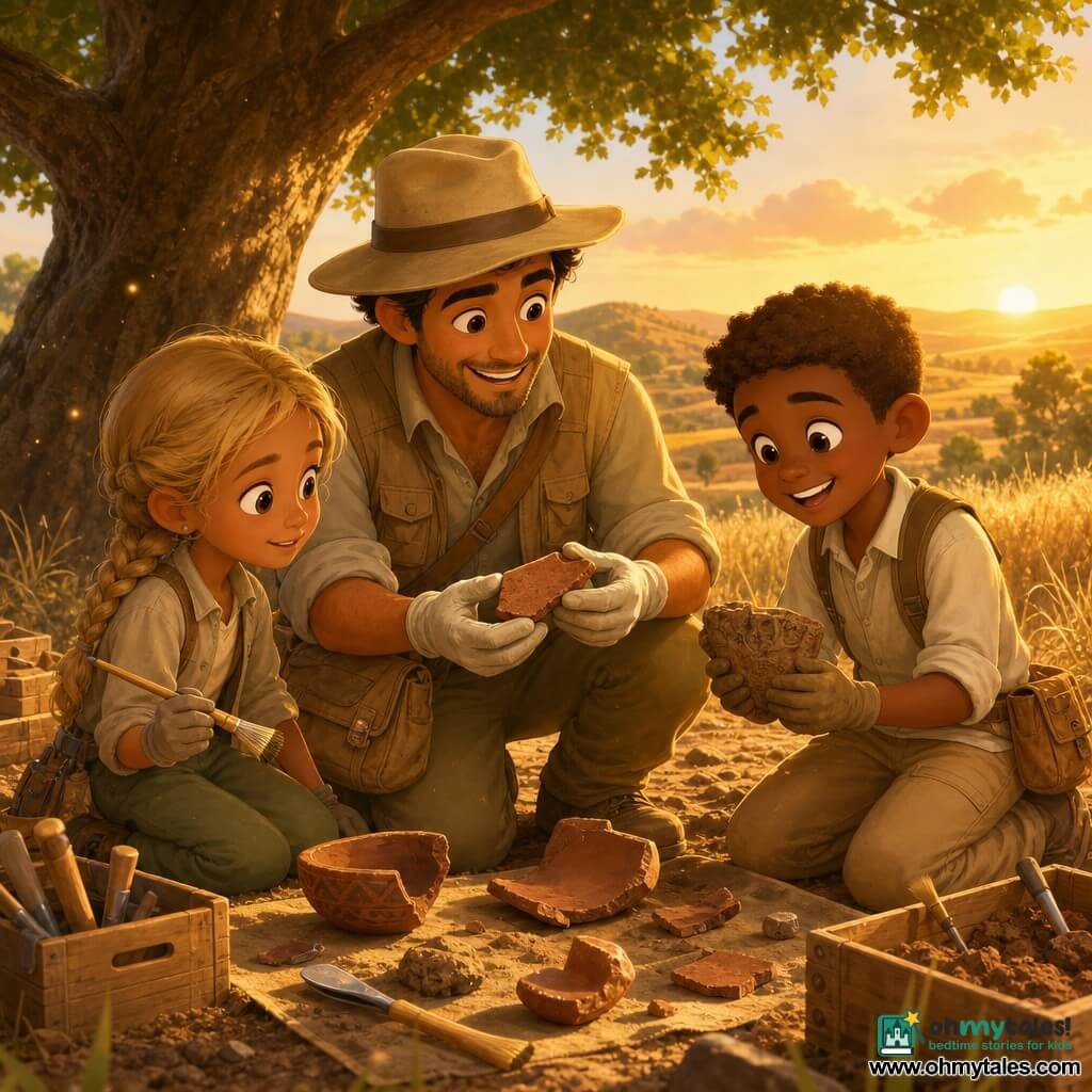 A smiling, awed archaeologist in a beige felt hat, rolled-khaki shirt, pocketed vest and dusty canvas satchel kneels, gently holding a small reddish-brown pottery shard with gloved hands; to his left a curious 7-year-old blonde girl in braids holds a small brush, and to his right an excited 8-year-old brown-haired boy kneels on a canvas mat showing another artifact; the golden field at sunset with tall swaying grasses, a large shady oak, scattered wooden boxes, shovels and brushes, and a pink-orange gradient sky form a calm, collaborative scene of tactile discovery with warm light, soft dust in the air, saturated-but-soft colors, gentle shadows and visible earth and fabric textures.