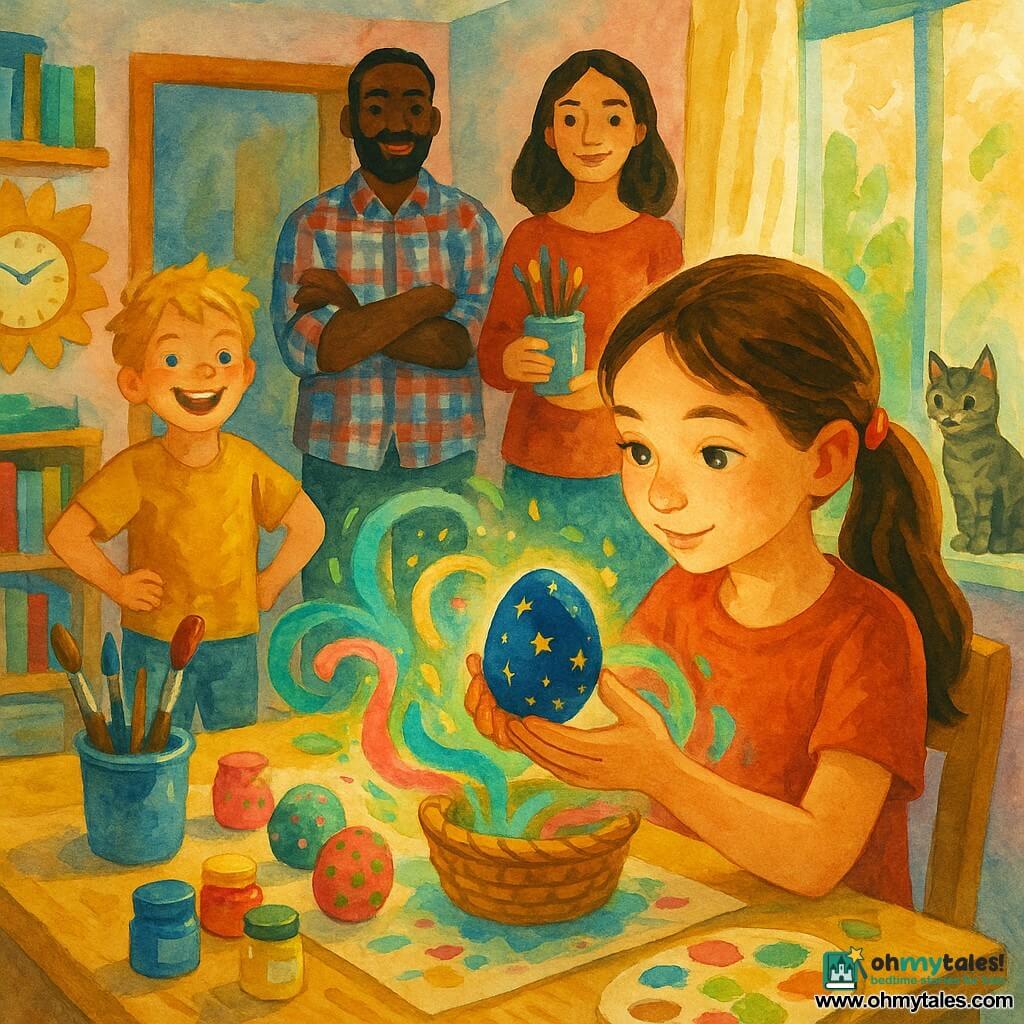 Mia, a focused and amazed 10-year-old girl with a soft face, bright eyes and a brown ponytail, gently places a midnight-blue egg painted with tiny golden stars into a small woven basket on her light-wood desk while liquid, watercolor-like swirls of pink, blue, green and gold spread around it like quiet magic; Leo, a cheerful about-6-year-old boy with tousled blond hair, stands by the door smiling with hands on his hips; their father, 35–40, leans in the doorway amused with arms crossed in a plaid shirt; their mother, 30–35, stands slightly back smiling and holding a jar of colorful brushes; the small tabby cat Pepper perches on the windowsill, ears up and curious; the sunlit room has a right-hand window with a light curtain, gouache pots, brushes, colored eggs and papers on the desk, shelves with books and a large sunflower clock in the background, creating a warm spring atmosphere with visible gouache stains and a textured paper feel.