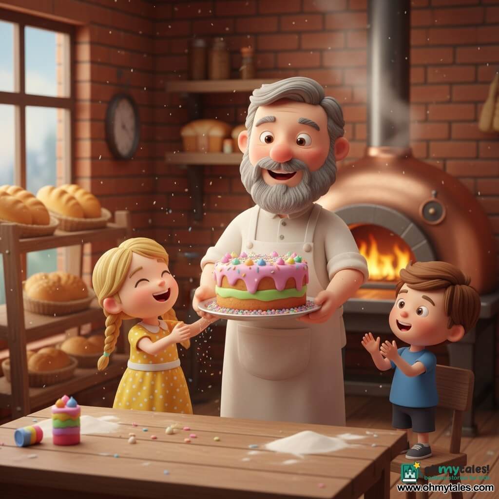 A smiling warm baker with a short gray beard, a flour-stained white apron, laughing eyes and rosy cheeks holds a large colorful cake on a shiny tray, looking at it proudly and tenderly with arms slightly raised; a little girl (about 6) with blonde pigtails in a yellow polka-dot dress stands close, sprinkling multicolored glitter on the cake while laughing; a little boy (about 7) with short brown hair in a blue T-shirt stands on a chair beside them, clapping and pointing at the cake with an excited face; the small cozy bakery has warm brick walls, a large window displaying golden breads, a flour-dusted wooden table and a smoking copper oven at the back, and the scene captures the cake presentation just out of the oven with soft light, floating flour particles, vivid icing and sprinkles, and a joyful, warm atmosphere.