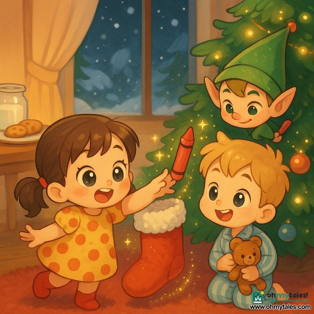 Four-year-old Maya, joyful and amazed with brown pigtails and a polka-dot dress, reaches into a large Christmas stocking to pull out a red crayon while four-year-old Ben, smiling in striped pajamas with a small teddy, kneels beside her watching; a mischievous chibi elf in a green pointed hat with a red pompom hides behind a pine branch holding the crayon behind his back; warm living room with a decorated tree, yellow lights, snow outside and a table with cookies, festive scene with twinkling lights and a glittery trail leading from the stocking to the elf.