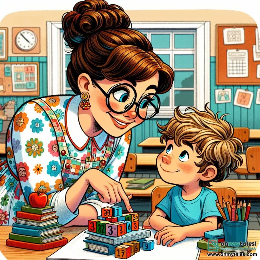 Miss Lily, a woman in her thirties with a bun of brown hair and round glasses, smiles warmly as she leans towards a little boy, Timmy, sitting at his desk. She wears a colorful blouse adorned with patterns of pencils and books, and her eyes sparkle with enthusiasm as she shows him colorful blocks to help with his math problems. Timmy, an 8-year-old boy with tousled blond hair and a blue t-shirt, looks at the blocks with admiration, his brow furrowed in concentration as he tries to understand the numbers. He sits on a wooden chair, surrounded by scattered books and pencils on his desk. The scene takes place in a bright classroom, with walls decorated with children's drawings, educational posters, and windows letting in sunlight. Wooden tables are arranged in a semicircle, and a blackboard is filled with numbers and colorful diagrams. The main situation shows Miss Lily helping Timmy solve math problems using colorful blocks, illustrating the magic of learning and the connection between teacher and student.