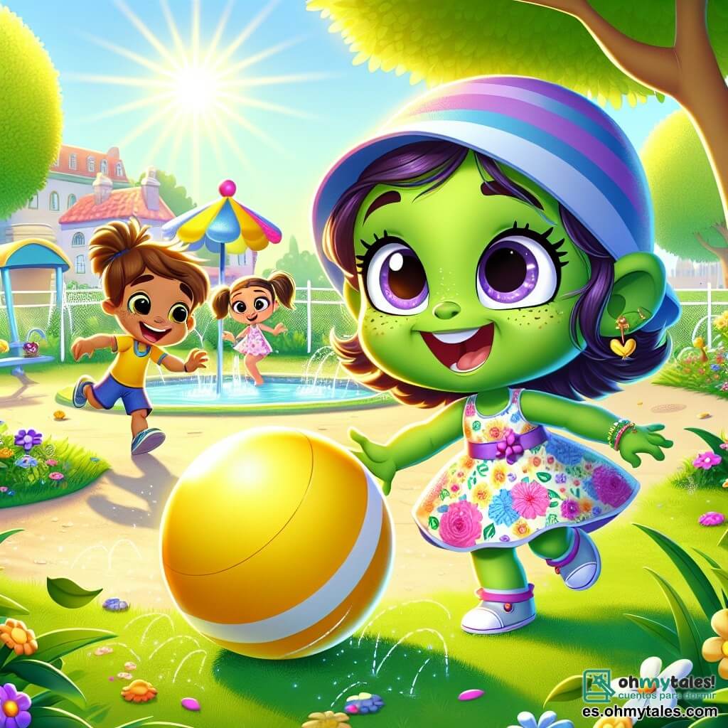 Zuri, una niña pequeña con piel verde y orejas largas, sonríe alegremente mientras juega con una gran pelota amarilla en un parque soleado. Lleva un bonito vestido de flores y una gorra azul, sus ojos brillan de emoción. A su lado, Mateo, un niño de cabello castaño y pecas, ríe mientras intenta atrapar la pelota, sus mejillas están rojas de placer. Lila, una niña con coletas y un vestido rosa, canta mientras se divierte, sus ojos destilan felicidad. El parque es amplio, con árboles de hojas verdes que bailan al viento, un césped bien cuidado y flores coloridas que añaden magia al lugar. Al fondo, una pequeña piscina y juegos de agua brillan bajo el sol. La escena principal muestra a Zuri y sus amigos jugando juntos, riendo y compartiendo momentos de alegría mientras se pasan la pelota en un ambiente veraniego radiante.