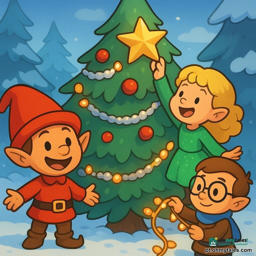 Um pequeno duende chamado Lúcio, com um chapéu vermelho brilhante e um largo sorriso, está alegremente diante de um grande e majestoso pinheiro de Natal. Seus olhos brilham de felicidade enquanto admira as decorações. Ao lado dele, a duende Clara, com um vestido verde cintilante e cabelos loiros cacheados, coloca uma estrela dourada em um galho. Ela sorri com entusiasmo. Do outro lado, o duende Tico, usando um cachecol azul e óculos redondos, ajusta uma guirlanda luminosa com uma expressão concentrada. Eles estão todos ao redor da base da árvore. A cena acontece em uma floresta nevada, onde a neve branca brilha sob as luzes coloridas da árvore. A árvore está decorada com bolas vermelhas, sinos prateados e guirlandas douradas, criando uma atmosfera festiva e acolhedora.