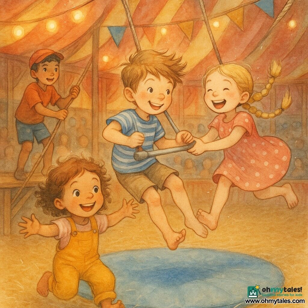 There are four children: a boy about 8 with light brown windblown hair and a blue-and-white striped tee at center-left clinging to a small trapeze, smiling with hair flying; a girl about 7 with fair skin, braided blonde hair and a pink polka-dot dress at center-right holding the boy’s hand and laughing as they fly together; a boy about 9 with tanned skin, short black hair and a red cap at back-left on a wooden platform ready to pull a rope and encouraging the others; a girl about 6 with curly brown hair in a yellow dungaree at the front landing on a soft blue mat with arms outstretched and bright eyes. Place: a large red-and-yellow striped circus tent with polished wooden interior, warm diffuse light, round string lights, colorful bunting, a blurred audience, straw-covered floor and a large round blue mat under the trapeze. Main scene: the four children joyfully flying on the trapeze during a circus act, with clear, rounded aerial movements, laughing, amazed expressions, floating fabric, shimmering straw dust, and a magical, safe atmosphere.