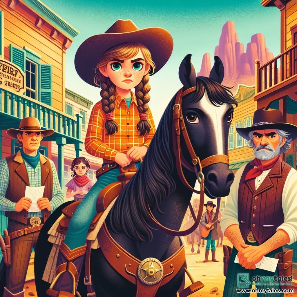 Clara, a 12-year-old cowgirl, is at the center of the image with braided brown hair, wearing a cowboy hat and a checkered shirt. Her face shows determination and courage as she proudly stands on her horse, Buck, a beautiful black mustang, gazing at a group of villagers. To her right, Sheriff Tom Hastings, a man in his 40s with a graying mustache and a wide hat, observes the scene seriously, ready to uphold justice. On her left, a shy but brave 10-year-old girl holds a note in her hands, looking at Clara with admiration and hope. The setting is a small town in the Wild West, with wooden buildings, a bustling saloon, and mountains in the background under a bright blue sky. The scene takes place on the main street, where villagers gather to support Clara in her fight against injustice. The main situation shows Clara ready to confront Jasper Cole, with villagers standing behind her, united and determined to defend their rights.