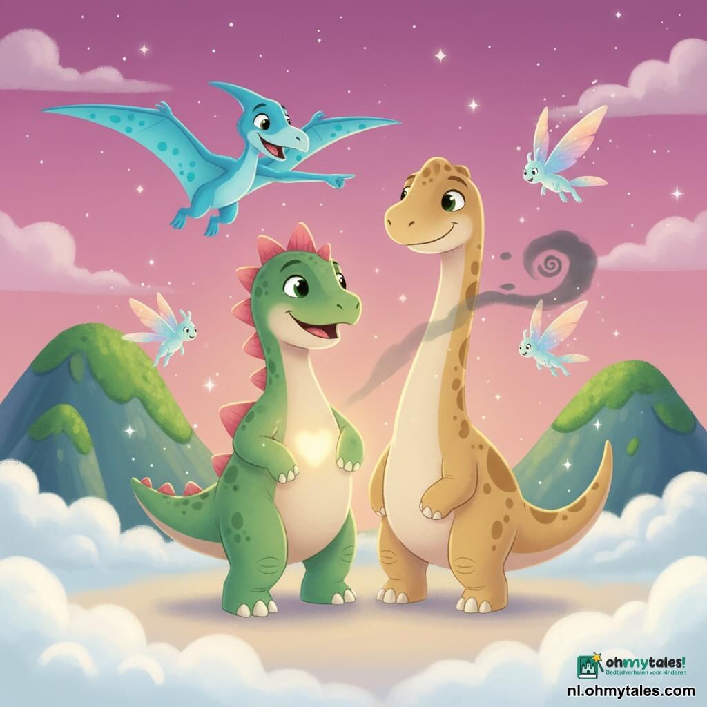 Stego, een jonge stegosaurus, glimlachend en vastberaden, groene schubben en roze-oranje rugplaten, staand op achterpoten met het hoofd licht gekanteld en een gouden gloed uit zijn hart; Terry, een vrolijke pterodactylus met hemelsblauwe vleugels en turquoise vlekken, vliegt linksboven en wijst met zijn blik; Dippy, een rustige, aanhankelijke diplodocus met een lang beige nek en lichtbruine vlekken, staat rechts en slaat zijn staart om Stego’s poot, zelfverzekerde blik; bovenop de Blauwe Bergen ronde, mosbedekte rotsen, katoenachtige witte wolken in de diepte en een roze-paars schemerlucht met opkomende sterren; transparante, glinsterende luchtwezens met regenboogvleugels zweven rond; hoofdscene: de drie vrienden vormen een kleine kring, hun lichamen stralen een warme aura die een kleine donkere grijze wolk in spiralen terugdrijft, magische sfeer, felle kleuren en zachte texturen, gecentreerde, kindvriendelijke compositie.