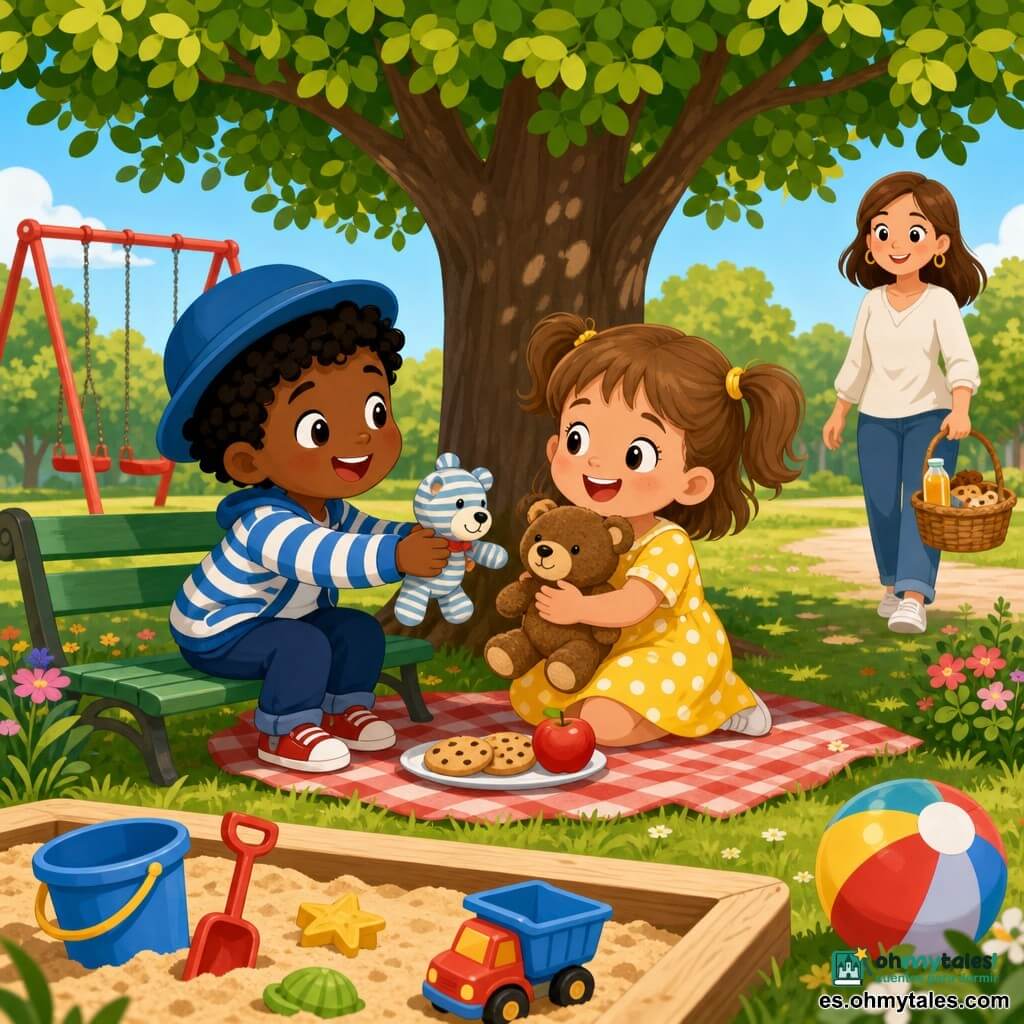 Niña de 4 años, feliz y sonriente, cabello castaño claro en coletas, vestido amarillo con lunares blancos, abraza un pequeño oso de peluche marrón y mira sonriendo a un niño. Niño de unos 4 años, tímido pero alegre, cabello negro rizado, lleva un sombrero azul y una chaqueta a rayas, sentado en un banco a la izquierda ofreciendo un pequeño doudou de tela a rayas. Una madre aparece a la derecha con una cesta que contiene una botella de jugo y pasteles, caminando hacia ellos. Un gran árbol de follaje denso al fondo crea sombra moteada; en primer plano un arenero con juguetes coloridos y columpios rojos al fondo. Escena cálida de juego y compartir: los niños ríen, muestran sus peluches y comparten una galleta y una manzana sobre una pequeña manta a cuadros bajo el árbol. Paleta de colores vivos y contrastados, trazos limpios y formas simples, estilo vectorial suave para niños pequeños.
