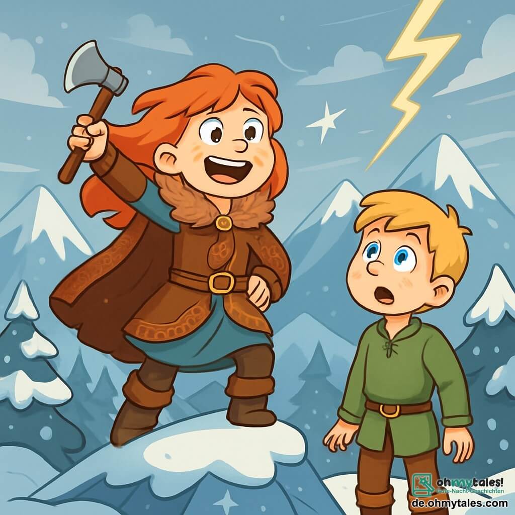 Freydis, ein 12-jähriges Wikinger-Mädchen, steht stolz auf einem verschneiten Berggipfel, ihr Gesicht strahlt Entschlossenheit und Freude aus. Ihre leuchtend roten Haare wehen im kalten Wind, und sie trägt einen braunen Pelzmantel mit nordischen Mustern. In ihrer Hand hält sie eine kleine Axt, ein Symbol ihres Mutes. Neben ihr steht Hakon, ein 13-jähriger Junge mit blonden Haaren und hellblauen Augen, der Freydis bewundernd ansieht. Er trägt eine Wolltunika und Lederhosen und steht leicht im Hintergrund, beeindruckt von ihrem Wagemut. Die majestätische Landschaft zeigt schneebedeckte Berge unter einem grauen Himmel, während schneebeladene Tannen den Weg säumen. Der Boden ist mit einer dicken Schicht glitzernden Schnees bedeckt, und Eiskristalle funkeln in der Sonne. Freydis, die den Gipfel erreicht hat, ist bereit, ihren Traum zu verwirklichen und ihren Wert als Kriegerin zu beweisen. Sie blickt auf die weite Landschaft hinunter, ihr Herz schlägt vor Aufregung und Stolz, während ein Lichtstrahl den Himmel durchquert und ihre Verbindung zu den nordischen Göttern symbolisiert.