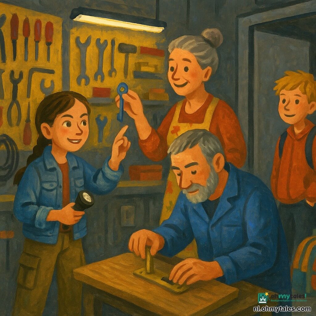 12-jarig meisje met heldere ogen en gevlochten bruin haar, geconcentreerd gezicht en vastberaden glimlach, praktische kleren (spijkerjack, cargobroek), houdt een zaklamp en wijst naar een metalen rek; man van ~50 (Meneer De Vries) met korte grijze baard en blauwe werkjas buigt over een houten plank en houdt een gerepareerde deurklink; vrouw van ~50 (Mevrouw Koster) met grijs haar in een knot en bloemenschort zet een oude sleutel aan een blauw ringetje, staat iets op de achtergrond en glimlacht; jongen van ~11 (Bram) met warrig blond haar en rugzak op de grond kijkt toe met handen in zakken; kleine warme technische cabine met metalen grijze muren, volle planken met geel/rood gereedschap en opgerolde kabels, zacht geel neonlicht; scene van gezamenlijke reparatie geleid door het meisje, sfeer rustig en bescheiden victorieus; stijl gouache, warme contrasterende kleuren, zichtbare penseeltextuur, eenvoudige expressieve lijnen en gericht licht op handen en blauwe sleutel, vriendelijke speelse sfeer.