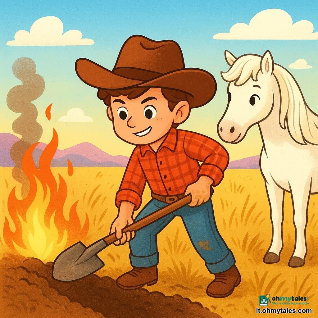 Un giovane cowboy, Tommaso, con un grande cappello da cowboy marrone, un sorriso determinato e occhi scintillanti di audacia, sta scavando una trincea nel terreno secco della prateria. Indossa una camicia a quadri rossa e pantaloni in denim usurati, con le mani sporche di terra. Accanto a lui, il suo fedele cavallo, Nuvola Bianca, una giumenta bianca dai crini setosi, osserva attentamente, pronta ad aiutarlo. Il paesaggio è una vasta prateria dorata, con erbe alte che danzano al vento e un cielo blu brillante punteggiato da alcune nuvole bianche. In lontananza, le montagne si stagliano all'orizzonte, tinte di rosa dal tramonto. La scena principale mostra Tommaso che lotta coraggiosamente contro un incendio minaccioso, scavando con determinazione per proteggere la prateria e gli animali che vi si trovano.