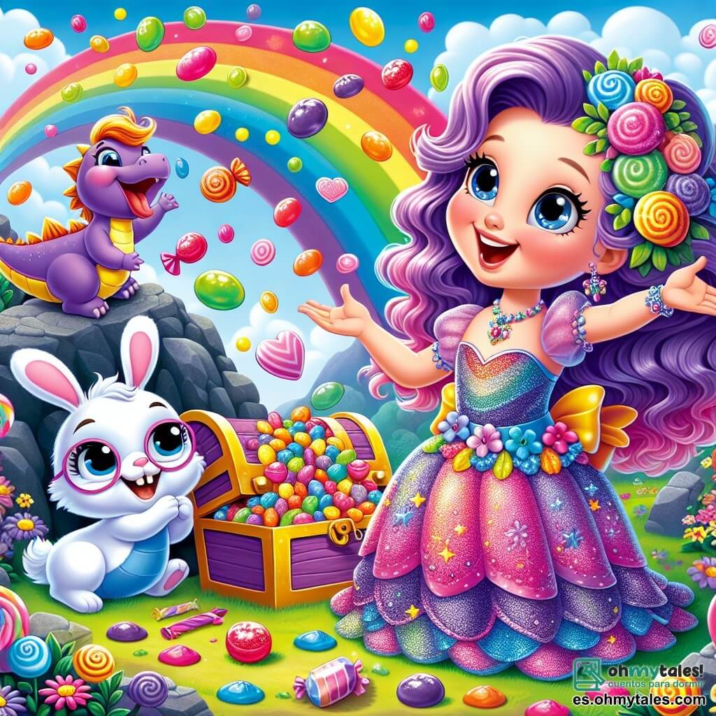 La princesa Lila, una niña de aproximadamente 8 años, tiene largos cabellos ondulados de color violeta y lleva un vestido brillante adornado con flores multicolores. Sonríe con asombro, con los ojos brillando de alegría, mientras descubre un cofre lleno de caramelos de colores en la cima de la montaña. A su lado, Rayo, un dragón amistoso con escamas brillantes de todos los colores del arcoíris, está escupiendo caramelos que caen como una lluvia dulce. Se ve entusiasta y juega con las golosinas que vuelan a su alrededor. Un poco más lejos, Tico, un pequeño conejo de 5 años con grandes gafas redondas y pelaje blanco, salta de alegría al atrapar un caramelo. Está sentado en una piedra, mirando el cofre con los ojos muy abiertos. La escena se desarrolla en la cima de una montaña mágica, donde el suelo está cubierto de flores brillantes y el cielo es de un azul radiante, salpicado de nubes en forma de caramelos. La situación principal muestra a Lila, Rayo y Tico celebrando su descubrimiento de un tesoro de caramelos, rodeados de risas y alegría, en un momento de pura felicidad y amistad.
