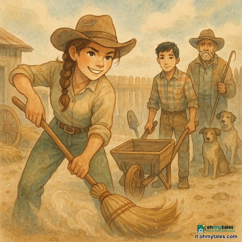 Una cow‑girl giovane adulta, viso sorridente e determinato, occhi lucenti, capelli castani intrecciati sotto un cappello di feltro consumato, tiene una grande scopa di legno impolverata e si china in avanti per spazzare un cortile polveroso con postura energica e sicura; un ragazzo di circa 18 anni, Yusuf, carnagione olivastra, capelli neri corti, espressione timida ma coraggiosa, in camicia a quadri, aiuta tenendo una pala e una carriola vicino alla cow‑girl, leggermente a destra e dietro di lei; un uomo anziano, Zio Tom, ~60 anni, volto rugoso, barba brizzolata, cappello a tesa larga, in piedi dietro i due giovani con un frustino da pastore e due cani seduti ai suoi piedi, sguardo protettivo; il luogo è il cortile di un ranch del Far West con terreno battuto e pietrisco, un cumulo di fieno, ruote di carro in legno, tavole di bordo, un piccolo deposito e una palizzata sotto un ampio cielo nuvoloso; colori caldi seppia e ocra con tocchi di salvia e azzurro polvere; situazione: dopo una leggera tempesta la cow‑girl e Yusuf puliscono il cortile per riporre gli attrezzi e proteggere il ranch, movimento di spazzata visibile con vortici di polvere e un’atmosfera di cooperazione e calma ritrovata.