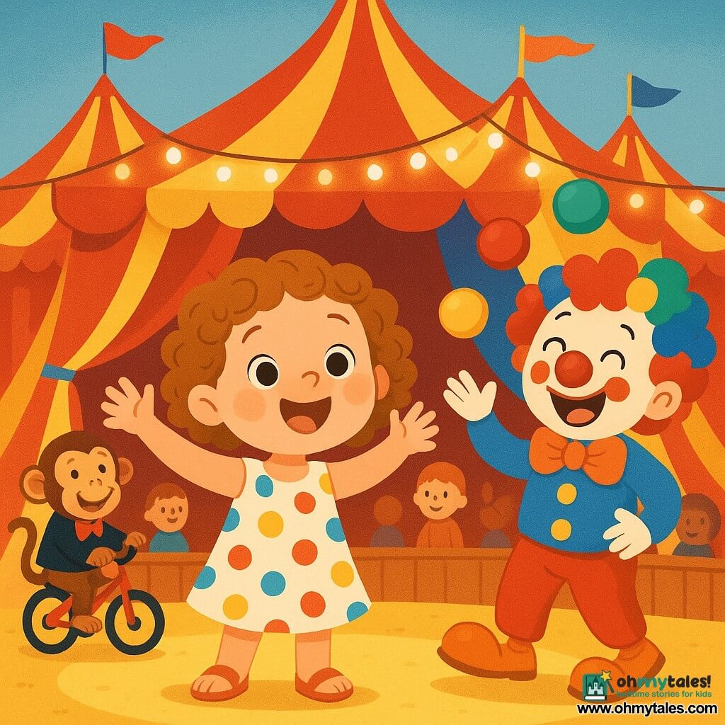A 2-year-old girl with rosy cheeks and curly hair smiles in wonder, her eyes shining with joy, as she stands in the center of a large circus tent. She wears a colorful polka dot dress and little sandals. Next to her, a cheerful clown with a red nose and multicolored hair juggles balloons, laughing and making faces. A mischievous monkey in a small costume pedals a bike just behind them, adding to the festive atmosphere. The tent is decorated with sparkling lights and large colorful flags, with amazed spectators sitting on wooden benches. The scene shows the little girl raising her arms in the air, ready to applaud the incredible show unfolding before her.