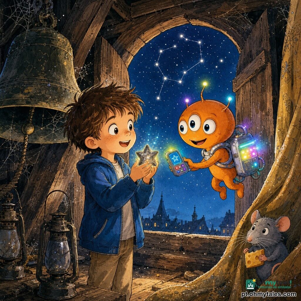 Lucas, menino de 6 anos, sorridente e maravilhado, cabelo castanho desgrenhado, segura junto à janela do campanário uma pequena estrela de pedra brilhante; Tili, um extraterrestre laranja de três olhos que flutua com uma mochila prateada que emite luzes coloridas, mostra um pequeno aparelho luminoso tipo tradutor de estrelas; um rato cinzento e tímido com um pedaço de queijo se esconde atrás de um velho cortinado poeirento que brilha ligeiramente; o local é o topo de um antigo campanário de madeira com grandes vigas, sinos empoeirados e teias, janela aberta para um céu noturno estrelado, poeira suspensa que cintila; Lucas e Tili compartilham um momento de amizade sob a luz colorida, a estrela brilha nas mãos de Lucas, o tradutor repousa contra o sino vibrando suavemente e o cortinado dourado ondula, criando uma atmosfera mágica e suave.