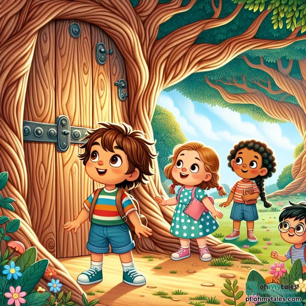 Um menino de 2 anos, com cabelos castanhos bagunçados e olhos brilhantes de curiosidade, está em frente a uma grande porta de madeira em uma árvore. Ele usa uma camiseta listrada colorida e um short azul, exibindo uma expressão de admiração, com os braços abertos, pronto para descobrir o que está atrás da porta. Ao seu lado, uma menina de 4 anos, com cabelos loiros trançados e um sorriso radiante, observa com entusiasmo. Ela veste um vestido rosa com bolinhas e segura um pequeno caderno, pronta para anotar suas aventuras. Outro menino de 3 anos, com cabelos negros e óculos redondos, se inclina para frente, examinando o chão, como se estivesse procurando pistas. O local é um parque verdejante, cheio de árvores majestosas e flores coloridas. Ao fundo, um caminho sinuoso leva a uma grande e antiga árvore, cujo tronco é largo e tortuoso, com uma porta de madeira esculpida que parece misteriosa. A cena principal mostra o menino cercado por seus amigos, descobrindo a porta secreta da árvore, com uma expressão de excitação nos olhos, prestes a abrir a porta e explorar o mundo mágico que os aguarda atrás dela.