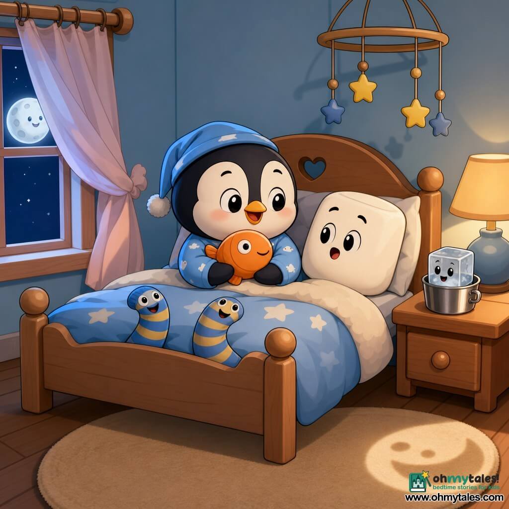 A small penguin in blue pajamas with a round face and sleepy smile sits on a wooden bed holding an orange fish plush; a big fluffy white marshmallow on the pillow looks slightly surprised; two blue-and-yellow striped socks poke out from the blanket like joyful little worms at the foot of the bed; a small transparent ice cube tinkles in a metal cup on the bedside table to the right; a pale pink curtain billows at the window to the left with moonlit highlights; the cozy colorful room has pastel blue walls, a beige round rug, a star mobile, and a silver moon casting soft light on the wooden floor — a calm, funny bedtime moment with the penguin softly laughing at the marshmallow and socks, composition centered on the bed and its little friend-objects.