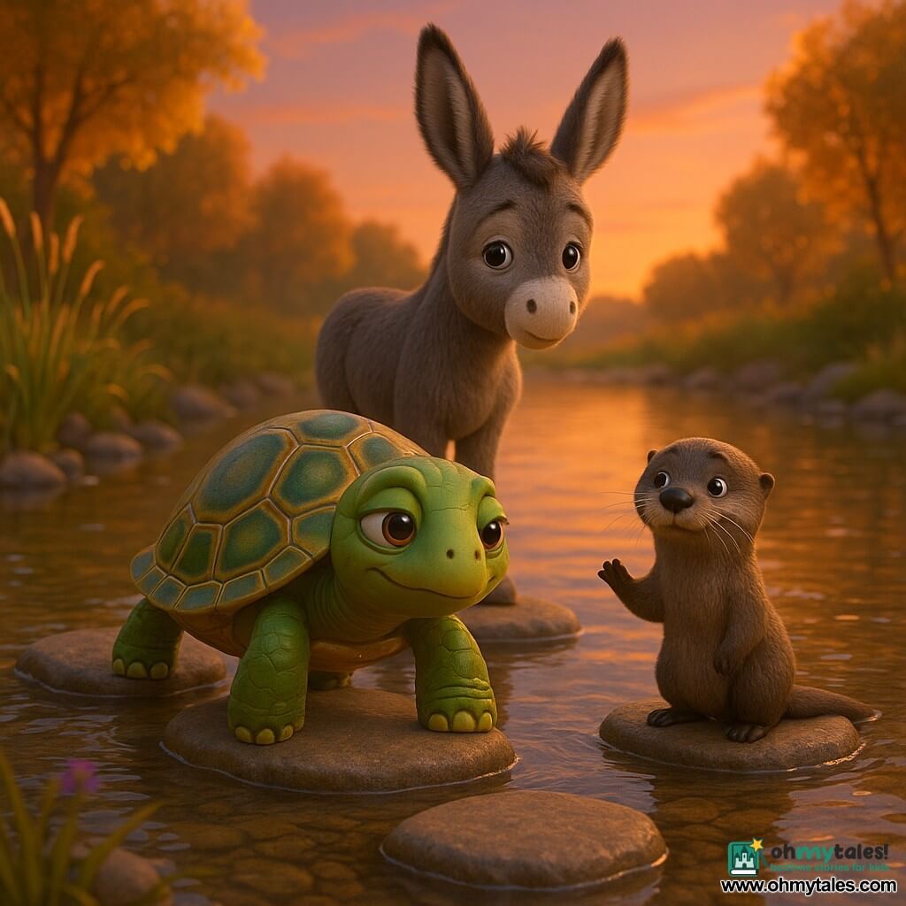 A serene, determined female turtle named Tilly with a shiny green-and-gold patterned shell and large gentle eyes is stepping onto a flat stone in a clear river; a juvenile donkey named Jasper, timid but encouraged, with a soft gray coat and large ears stands just behind on a nearby stone, looking at the water with hope; a playful otter with wet gleaming fur and twitching whiskers pops up on a lower stone in a friendly gesture. The scene is a warm sunset river crossing with flat stepping stones, banks of tall grasses and wildflowers, golden-leaved trees and an orange-purple sky, soft light and sparkling reflections, composition centered on the turtle and donkey to show mutual support.