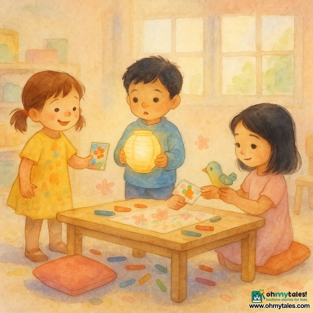 There are three children: Lina, 4, brown hair in pigtails, wearing a paint-stained yellow dress, standing left smiling as she offers a colorful card; Amir, 4, short black hair, sky-blue sweater, standing center holding a softly glowing paper lantern, eyes wide with wonder; Noor, 4, straight black hair, pale pink dress, seated at a small desk on the right holding a toy bird and receiving the card with a shy smile. Scene: a pastel-walled preschool classroom with large windows, soft light, low wooden tables, colorful cushions, scattered crayons, a small floral cloth on the table and the scent of paper and glue. Main action: the three children gathered around a low table—Lina offers the card, Amir shows the warm-glowing lantern, Noor accepts the gift—gentle, paper-cut flowers drifting, watercolor shadows and washed colors.
