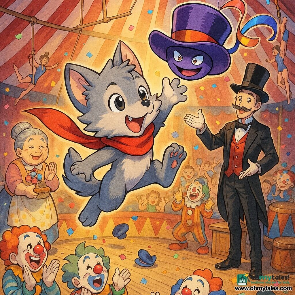A small anthropomorphic wolf with soft gray fur, big shiny round eyes and a flowing red scarf leaps from a trapeze to catch the ribbon of a flying shiny purple top hat with a color-changing band and a mischievous character-like expression; a plump elderly candy vendor with a gray bun and polka-dot apron holds a basket of lollipops and applauds in the left background, the tall elegant ringmaster in a black tailcoat and top hat with a neat mustache gestures encouragement from the right near a small wooden podium, colorful clowns with red noses and striped costumes and acrobats in glittering outfits hang and cheer at the edges, all under a large red-and-white striped circus tent on a dusty wooden floor lit by warm yellow spotlights, confetti and scattered hats filling the air and trunks and drums by the wings—main scene: a hat parade turned heroic as the little wolf saves the flying hat, festive vibrant colors and frozen action with awed spectators.