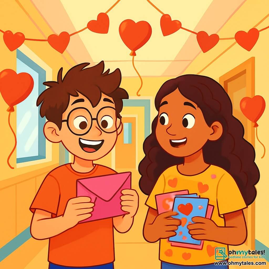A 12-year-old boy, Leo, with messy brown hair and round glasses, stands in a bright hallway of a building. His face is lit up with an excited smile, and his eyes sparkle with curiosity as he holds a shiny pink envelope in his hands. Next to him is his best friend Maya, a 12-year-old girl with long curly hair, wearing a heart-patterned t-shirt and looking at Leo with enthusiasm. She holds a stack of colorful Valentine's Day cards. The hallway is decorated with paper heart garlands and floating red balloons, creating a festive and joyful atmosphere. The walls are painted a soft pastel color, and windows let in daylight, brightening the space. The main scene shows Leo and Maya planning their secret mission to find out who the pink envelope belongs to, surrounded by the excitement of Valentine's Day and an atmosphere of mystery and friendship.