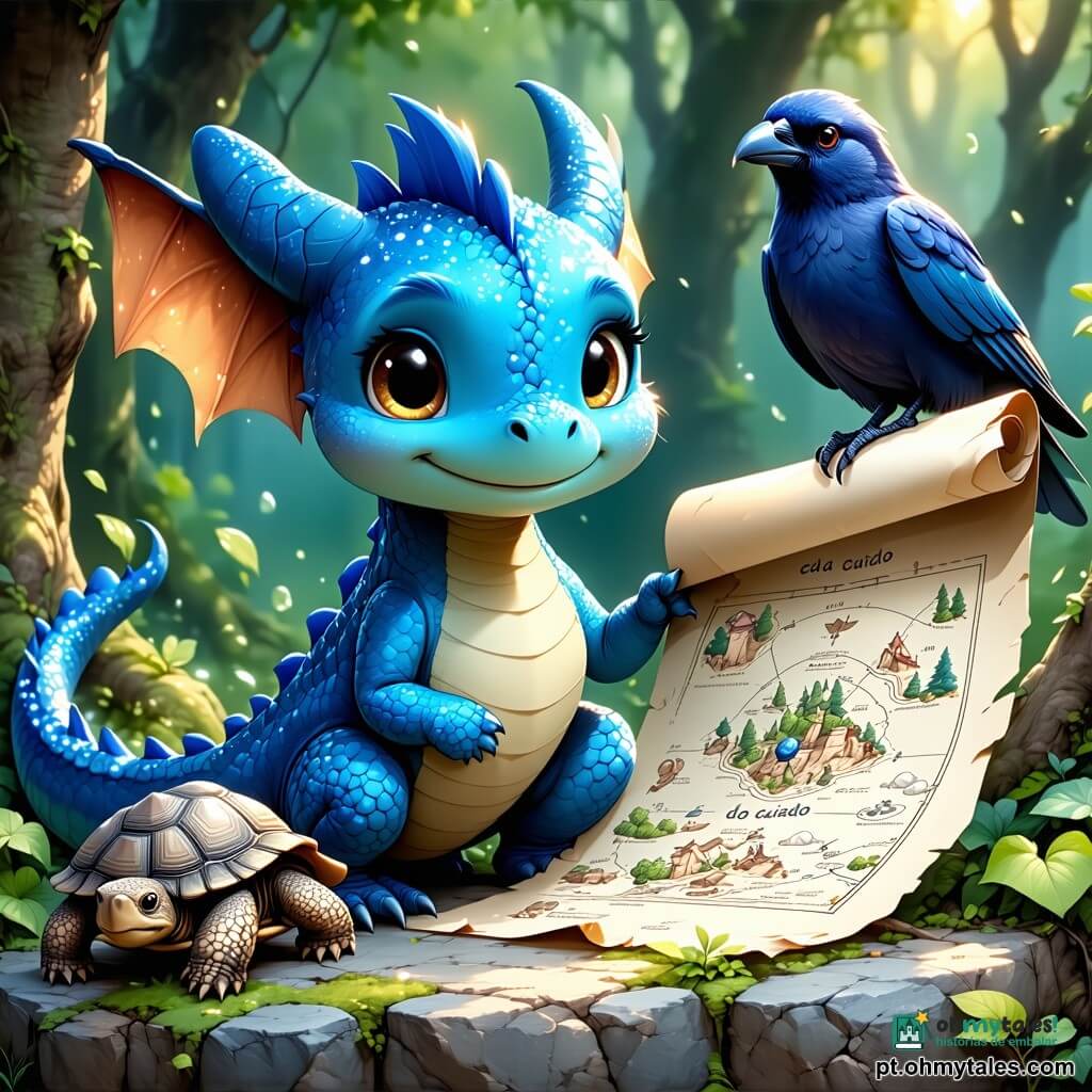 Tico, um pequeno dragão azul com escamas brilhantes, observa com olhos curiosos, segurando um grande rolo de papel onde desenhou um Mapa do Cuidado. Seu sorriso largo demonstra entusiasmo e desejo de ajudar. Ao seu lado, Mestra Tuga, uma velha tartaruga de costas enrugadas e olhos sábios, observa com benevolência, sentada em uma pedra, cercada por folhas verdes. Ela segura uma pequena pedra na pata, pronta para explicar os símbolos do desenho. Nina, uma corvo de penas negras e brilhantes, voa acima deles, com uma expressão determinada, pronta para trazer mensagens de paz. O local é uma clareira ensolarada, cercada por árvores de troncos grossos e flores coloridas que dançam ao vento. Um suave riacho brilha nas proximidades, acrescentando frescor à atmosfera pacífica. A cena principal mostra Tico, Mestra Tuga e Nina reunidos em torno do Mapa do Cuidado, discutindo alegremente como receber os novos chegados em seu vale, com gestos amigáveis e sorrisos calorosos.