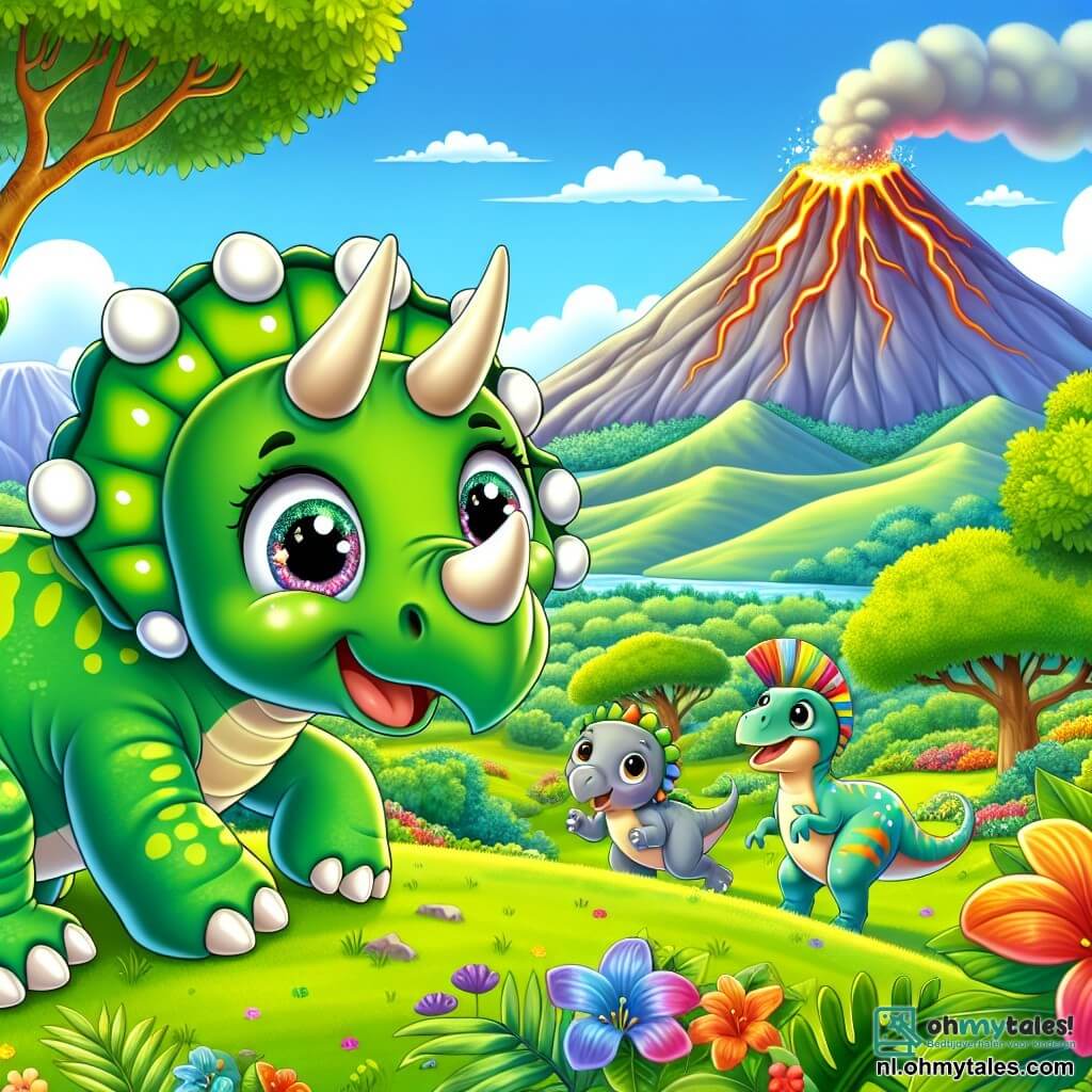 Een blije triceratops genaamd Trixie staat op een groene heuvel, met groene schubben en glanzende witte hoorns. Ze heeft grote sprankelende ogen en een brede glimlach, die haar nieuwsgierigheid en enthousiasme uitdrukt. Naast haar leunt Benny, een langnek brontosaurus, om bladeren van een boom te pakken, terwijl Lucy, een kleine velociraptor met kleurrijke veren, om hen heen rent met een ondeugende uitdrukking. De achtergrond is een prachtige vallei omringd door majestueuze bergen, met bomen met heldere bladeren en kleurrijke bloemen die in de wind dansen. In de verte rookt een oude vulkaan lichtjes, wat een vleugje mysterie aan de scène toevoegt. De hoofdactie toont Trixie en haar vrienden die het vreemde geluid van de vulkaan ontdekken, met verwonderde en opgewonden gezichten, klaar om op avontuur te gaan en dit mysterieuze fenomeen te verkennen.