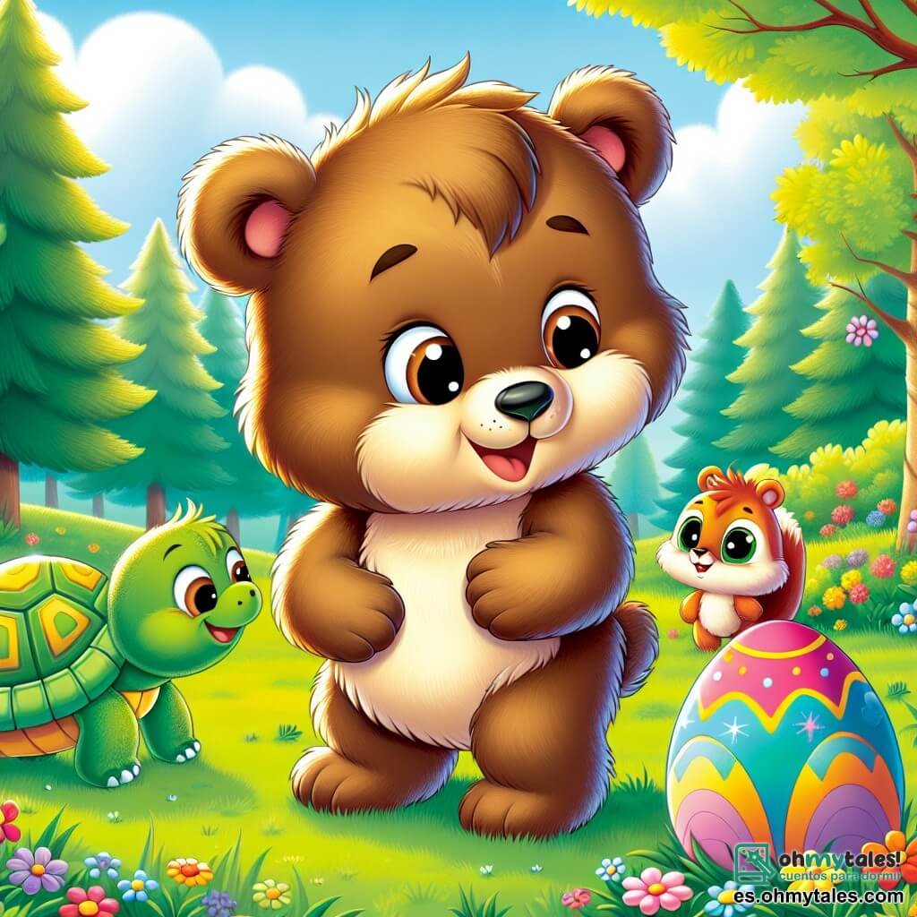 Un pequeño oso marrón con ojos brillantes y una sonrisa alegre, de pie sobre sus patas traseras, mira con asombro un huevo colorido en la hierba verde. Tiene un pelaje suave y sedoso, y sus orejas son ligeramente redondeadas, lo que añade a su apariencia adorable. Junto a él, una pequeña tortuga con un caparazón verde y patrones amarillos sonríe amablemente, observando el huevo con curiosidad. Más lejos, una ardiente ardilla de pelaje rojizo y ojos vivos trepa por una rama, sosteniendo una flor colorida en su patita, lista para mostrarla a sus amigos. El lugar es un claro soleado de primavera, rodeado de majestuosos árboles de hojas verdes brillantes, salpicados de flores multicolores que bailan suavemente con el viento. El cielo es de un azul brillante, salpicado de algunas nubes blancas y esponjosas. La situación principal muestra a los amigos reunidos, maravillados por el descubrimiento del huevo, compartiendo un momento de alegría y emoción, celebrando juntos la magia de la primavera.