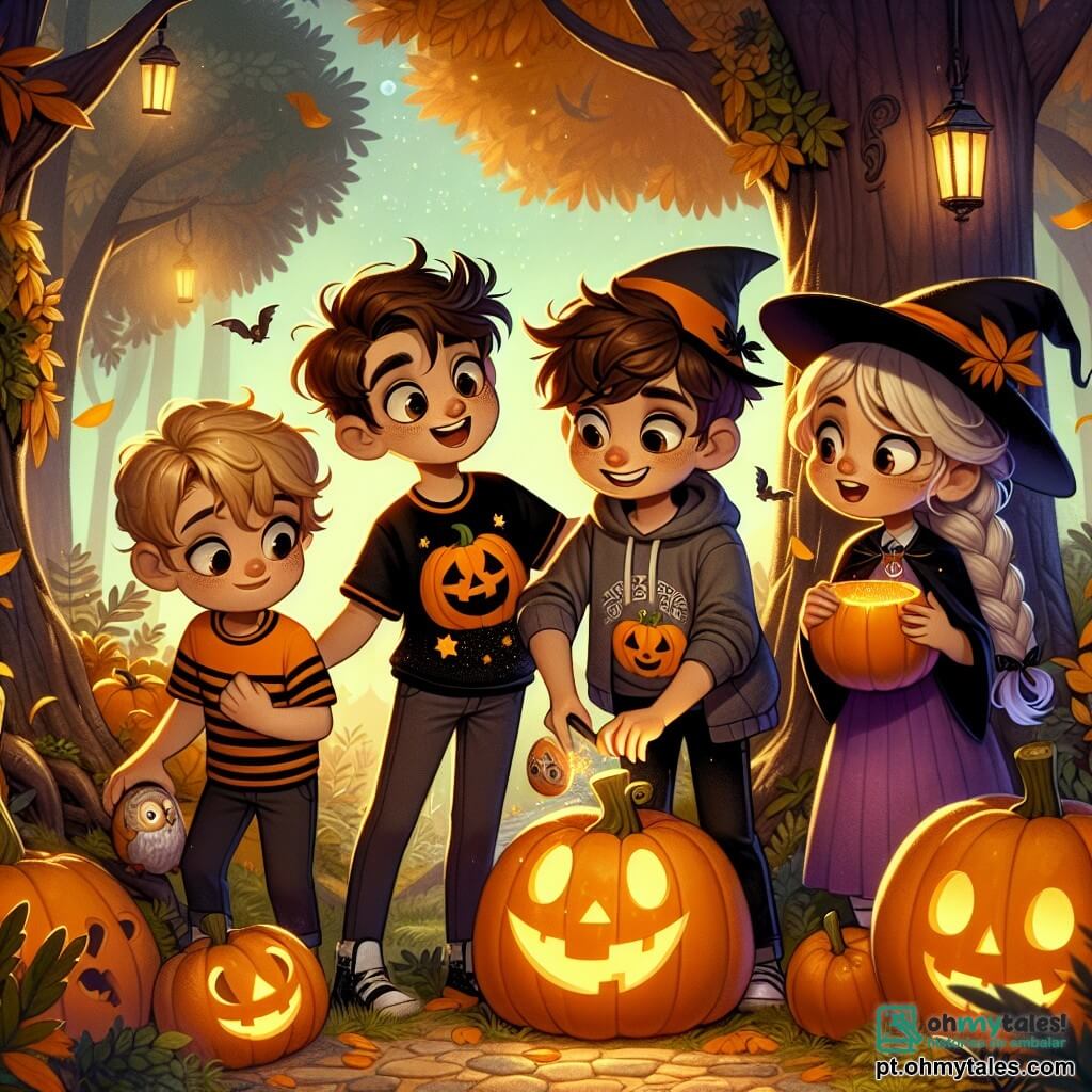 Em um parque misterioso, quatro amigos se preparam para o Halloween. Lucas, um garoto de 10 anos com cabelos castanhos bagunçados e uma camiseta laranja com um desenho de abóbora, segura uma grande folha dourada na mão, sorrindo de empolgação. Ao seu lado, Ana, uma menina de 9 anos com cabelos loiros trançados e um chapéu de bruxa preto, ri enquanto esculpe uma abóbora ao lado de uma pequena lanterna. Pedro, um garoto de 10 anos com cabelos castanhos e um moletom cinza, olha ao redor com uma expressão preocupada, segurando uma pedra brilhante. Por fim, Sofia, uma menina de 9 anos com cabelos cacheados e um vestido roxo, está diante de uma abóbora encantada, maravilhada com sua beleza. O parque está cheio de grandes árvores com folhas douradas e laranjas, e uma suave luz da lua ilumina o caminho. Sombras dançam entre as árvores, e uma leve brisa faz as folhas tremularem, criando uma atmosfera mágica e levemente assustadora. Os amigos descobriram um baú misterioso e embarcam em uma busca para encontrar três objetos mágicos: uma folha dourada, uma pedra brilhante e uma abóbora encantada, para ativar a magia do Halloween e superar seus medos juntos.