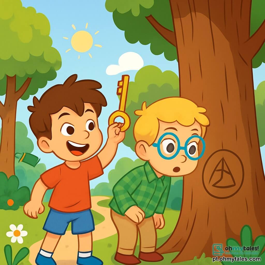Há 2 personagens principais: João, um garoto de seis anos com cabelos castanhos bagunçados, vestindo uma camiseta vermelha e um short azul, que é entusiasmado e segura uma chave dourada; e Miguel, um garoto de seis anos com cabelos loiros e óculos redondos, vestido com uma camisa xadrez verde e uma calça bege, que observa com curiosidade um símbolo estranho gravado em um tronco de árvore. Os dois amigos estão em um parque verdejante, cercados por árvores majestosas, flores coloridas e um gramado bem cuidado. Ao fundo, um pequeno caminho sinuoso leva a uma biblioteca de tijolos vermelhos, onde está a sábia bibliotecária. A cena principal mostra João e Miguel em plena investigação, examinando atentamente o símbolo misterioso no tronco da árvore, com expressões de curiosidade e empolgação em seus rostos, enquanto o sol brilha no céu azul, adicionando uma atmosfera alegre à sua aventura.
