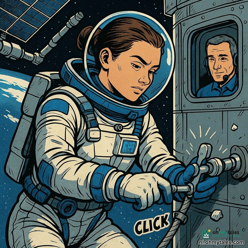 Een jonge vrouwelijke astronaut (ongeveer 28) met bruin haar in een knot en een kalme, geconcentreerde blik draagt een wit-blauw ruimtesuit met zichtbare metalen bevestigingen en maakt een hoorbare klik terwijl ze een veiligheidslijn vastzet aan een buitenankerpunt van het ruimtestation; haar handschoenen, beheerste houding en een close-up van de bevestigingsbeweging tonen een klein bevroren deeltje op de achtergrond. Binnen, achter een capsuleraam, kijkt een mannelijke instructeur (ongeveer 40) met kort grijszout haar geruststellend en spreekt in zijn microfoon; buiten geen andere mensen, alleen de vage schaduw van een robotarm. Exterieur: glanzende rechthoekige zonnepanelen, grijze texturen, metalen reflecties en details, en op de achtergrond de ronde blauwe-witte aarde met roomwitte wolken; scène van een langzame ruimtewandeling na een anomalie, stille, geconcentreerde sfeer, contrasterende kleuren (diepblauw, helder wit, metalig grijs) en duidelijke comicslijnen die de klikken en de checklist op een klein polsscherm benadrukken.