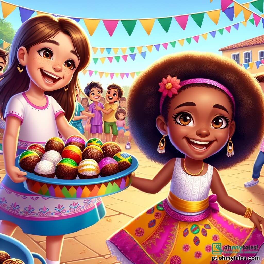 No centro da imagem, uma menina de 8 anos chamada Sofia, com cabelos castanhos e olhos brilhantes, sorri alegremente enquanto segura um prato de brigadeiros. Ela usa um vestido colorido, cheio de padrões alegres, e seu rosto expressa a excitação e o orgulho de compartilhar sua cultura. Ao lado dela, Lila, uma menina de 8 anos de origem nigeriana, com cabelos crespos e um sorriso bonito, dança com entusiasmo. Ela veste um vestido tradicional colorido e está ligeiramente ao fundo, adicionando dinamismo à cena. Amir, um menino de 9 anos de origem do Oriente Médio, com cabelos negros e olhos marrons, observa com curiosidade. Ele está sentado em um balanço, com um leve sorriso, pronto para se juntar aos amigos na dança. O local da cena é um pátio escolar animado, decorado com bandeirinhas coloridas e mesas cheias de pratos típicos de diferentes culturas. Crianças de diversas origens brincam e riem ao redor, criando uma atmosfera festiva e acolhedora. A situação principal mostra Sofia, Lila e Amir celebrando o "Festival da Diversidade", onde cada criança compartilha sua cultura. Os rostos estão iluminados pela alegria e amizade, ilustrando a beleza das diferenças que os unem.