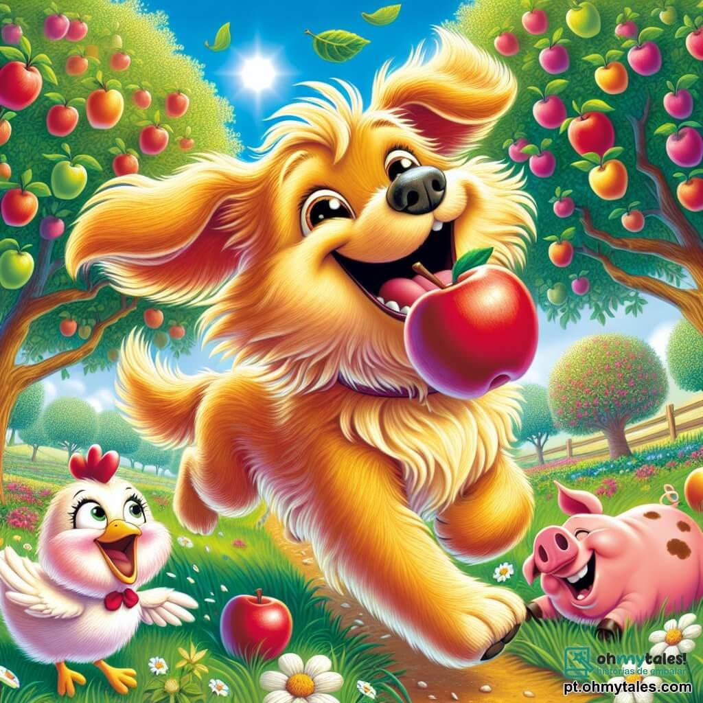 Rufus, um cão alegre com pelagem dourada e olhos brilhantes, corre entusiasmado em um pomar, com uma grande maçã vermelha na boca, exibindo um largo sorriso. Ao seu lado, Gilda, uma galinha branca com penas brilhantes, o observa com diversão, suas asas levemente abertas como se estivesse pronta para voar. Perto deles, Pipo, um pequeno porquinho rosa com manchas marrons, rola na grama, rindo da situação. O cenário é um pomar ensolarado, cheio de árvores carregadas de frutas coloridas, com flores silvestres dançando ao vento, criando uma atmosfera alegre e vibrante. A cena mostra Rufus e seus amigos em uma aventura, prontos para compartilhar risadas e camaradagem sob o céu azul.