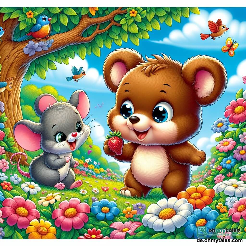 Ein kleiner brauner Bär mit weichem Fell und neugierigen Augen steht im Zentrum einer blühenden Wiese und lächelt glücklich, während er die lebhaften Farben der Frühlingsblumen bewundert. Neben ihm springt eine kleine graue Maus mit großen Ohren und schelmischem Blick vor Freude, während sie eine Erdbeere in ihren kleinen Pfoten hält, voller Begeisterung für das Festmahl, das sie gemeinsam vorbereiten. Hinter ihnen bietet ein großer majestätischer Baum mit leuchtend grünen Blättern Schatten, während bunte Vögel in seinen Zweigen singen und der Szene Leben verleihen. Die Hauptsituation zeigt den kleinen Bären und die Maus, die ein Frühlingspicknick vorbereiten, umgeben von strahlenden Blumen und unter einem klaren blauen Himmel, was Freude und Staunen des Frühlings symbolisiert.