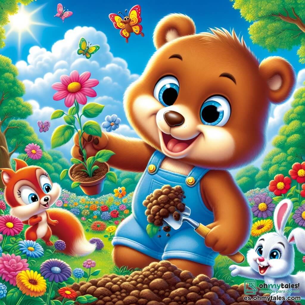 Bruno, un oso pardo de grandes ojos redondos y pelaje suave, está lleno de alegría mientras planta flores coloridas en su jardín. Sonríe ampliamente, sosteniendo delicadamente una flor rosa que acaba de sembrar. A su lado, Sofía, una pequeña ardilla de pelaje rojizo y cola esponjosa, salta de alegría sosteniendo una flor amarilla, su rostro radiante de emoción. Carlos, un adorable conejo blanco con orejas largas y ojos brillantes, está cavando un agujero para plantar una flor azul, mostrando una gran sonrisa en su cara. El jardín es un lugar encantador, lleno de flores vibrantes, mariposas revoloteando y árboles verdes que rodean al trío. El cielo es de un azul brillante, salpicado de nubes esponjosas, y el sol brilla, iluminando la escena con una luz cálida. La situación principal muestra a Bruno y sus amigos creando un hermoso jardín primaveral, llenos de risas y amistad, celebrando la belleza de la naturaleza que despierta después del invierno.