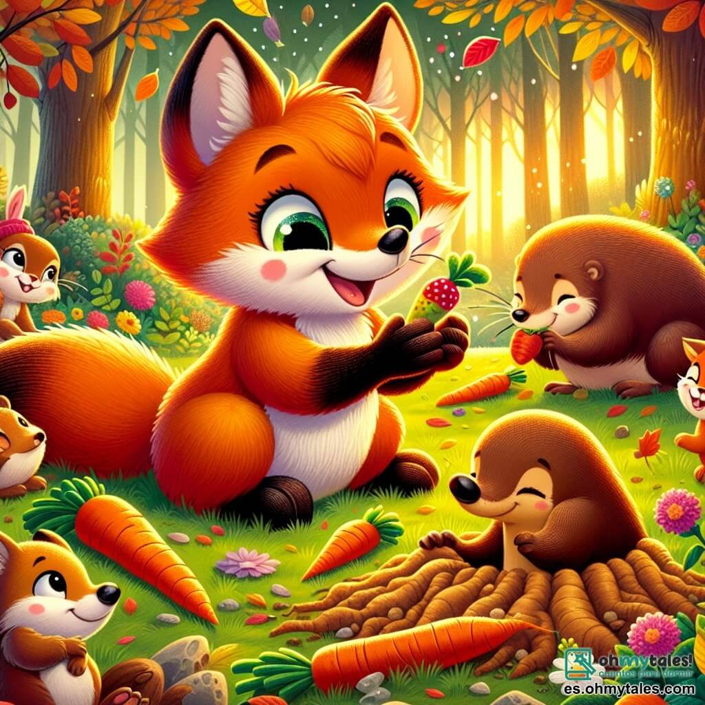 En un claro del bosque, un pequeño zorro llamado Tobías, con un pelaje de un naranja brillante y ojos llenos de curiosidad, sonríe alegremente mientras sostiene una pequeña baya en sus patas. Está rodeado de un ambiente festivo, con hojas coloridas cayendo a su alrededor. A su lado, la amable señora Coneja, con su suave pelaje y grandes orejas, mira a Tobías con gratitud, compartiendo zanahorias con otros animales. Un poco más lejos, el sabio señor Topo, con su pelaje marrón y patas pequeñas, excava el suelo para desenterrar raíces sabrosas, mostrando una sonrisa satisfecha. El claro está bañado por la luz dorada del sol poniente, con grandes árboles de hojas verdes y flores coloridas que añaden magia a la atmósfera. Los animales se reúnen alrededor de un gran mantel lleno de comida, riendo y compartiendo historias. La escena principal muestra a Tobías y sus amigos celebrando su cosecha de alimentos, uniendo fuerzas para ayudar a quienes lo necesitan, creando así un sentimiento de solidaridad y alegría en el corazón del bosque.